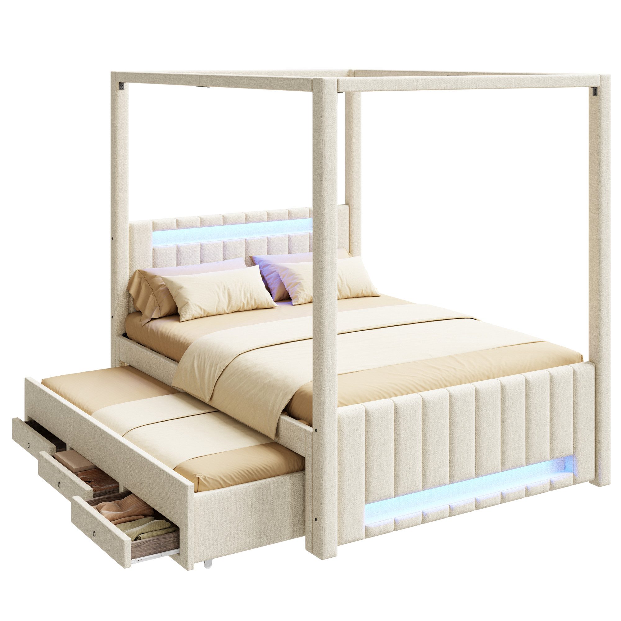 REDOM Himmelbett Funktionsbett Kinderbett Doppelbett (mit Ausziehbett und drei Schubladen, LED-Beleuchtung, 1-tlg., 211.8 x 141.5 x 186)