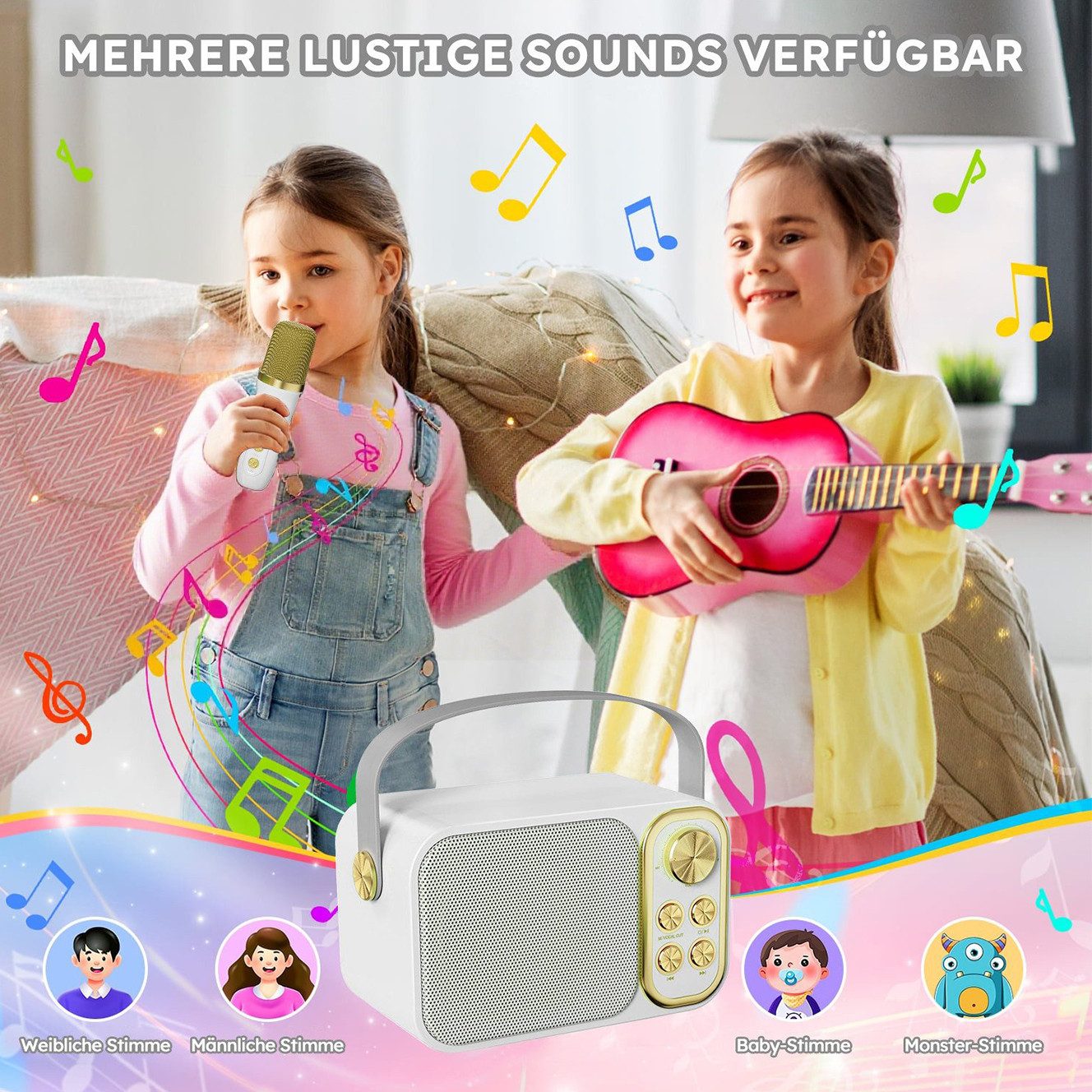 MOPUEA Mikrofon Karaoke Maschine mit 2 Mikrofonen Bluetooth-Lautsprecher (Mini Karaoke Anlage mit 7 Stimmeffekten), Perfekt für Partys und Geburtstage