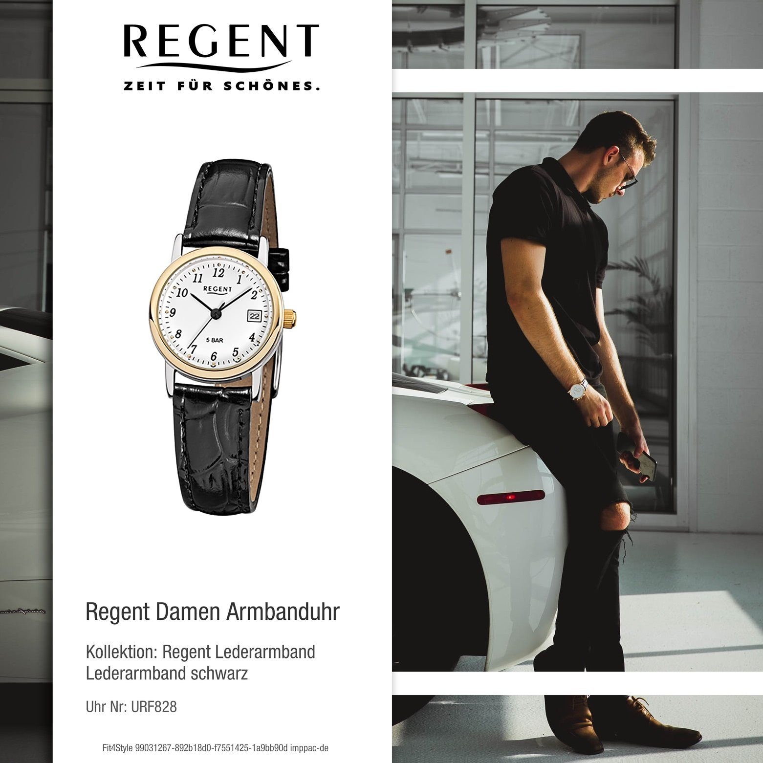 schwarz Damen Regent Regent Quarzuhr 25mm), (ca. klein Armbanduhr Damen-Armbanduhr rund, Lederarmband Analog,
