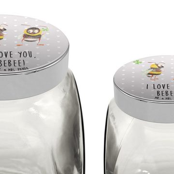 Mr. & Mrs. Panda Vorratsglas XL 2000ml Bienen Paar - Grau Pastell - Geschenk, für Männer, Müslidos, Premium Glas, (1-tlg), Mit Motiv