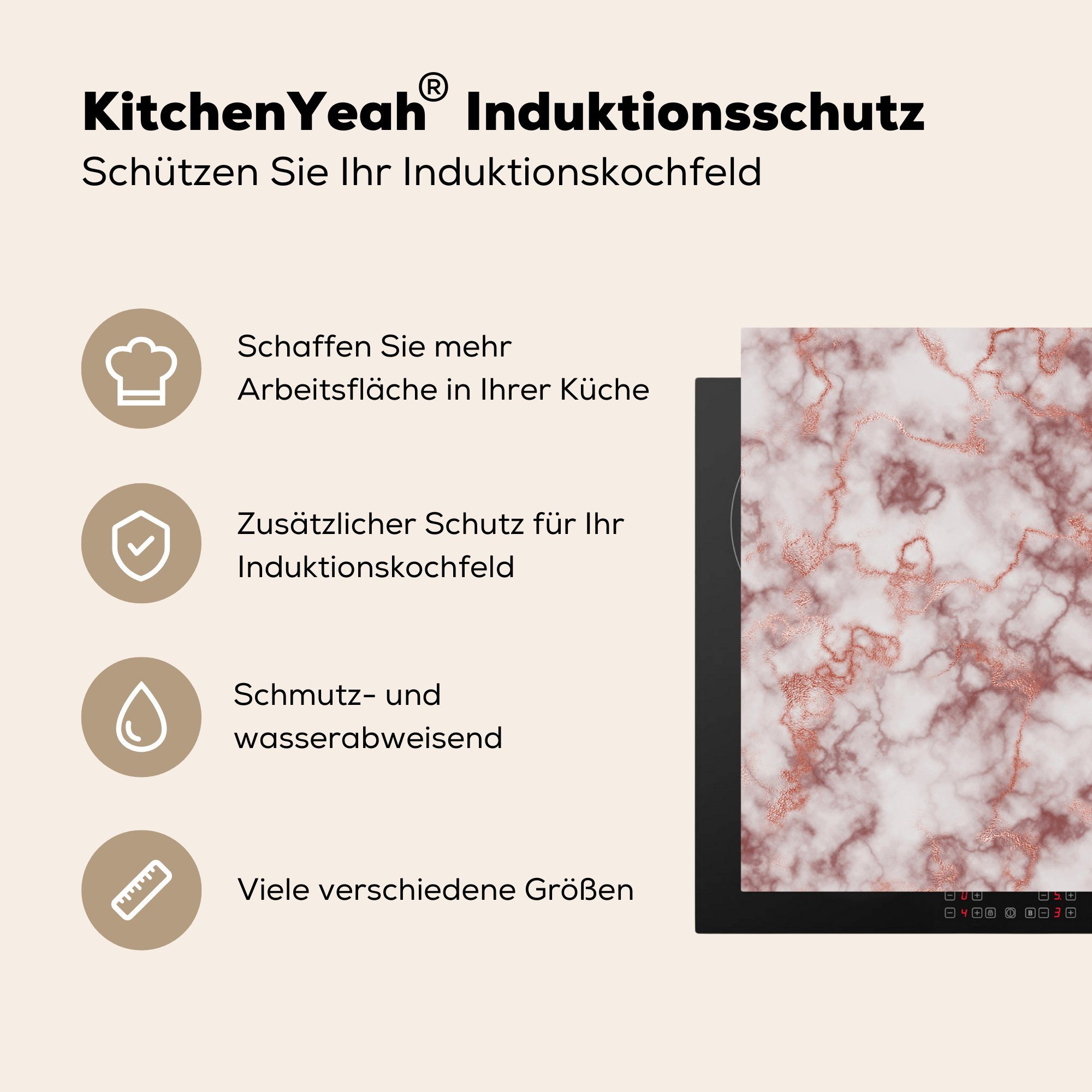 die Herdblende-/Abdeckplatte MuchoWow - Marmor küche, - Weiß (1 Rot, Induktionskochfeld cm, Vinyl, tlg), für Ceranfeldabdeckung Schutz 81x52