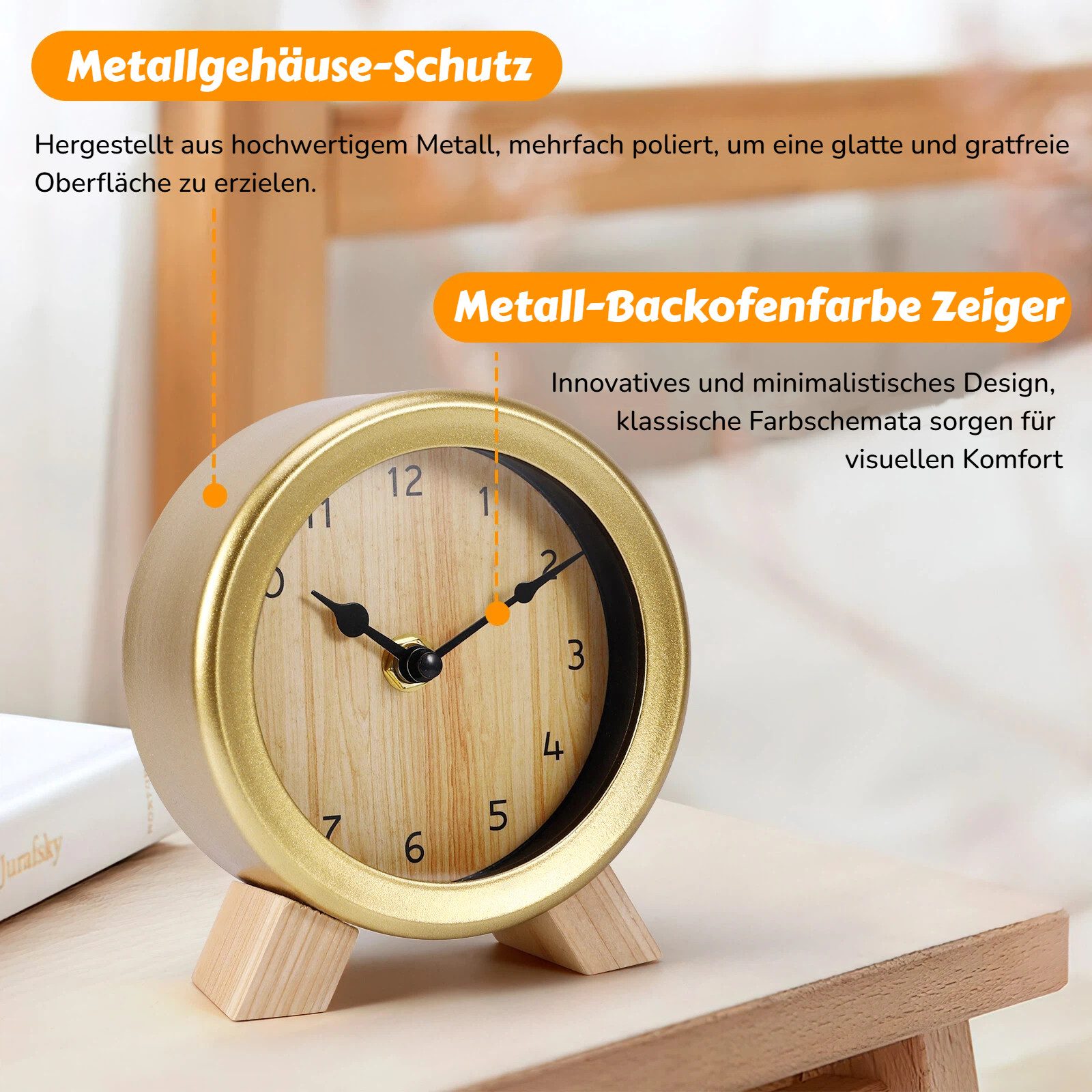 BlingBin Standuhr Analog Tischuhr Rund Aus Holz und Metall - 12,5 x 5,2 x 14cm (1er Set, 1-St., 1 Stück), Deko Tisch Uhr Ohne Ticken mit Holz Ziffernblatt für Schlafzimmer