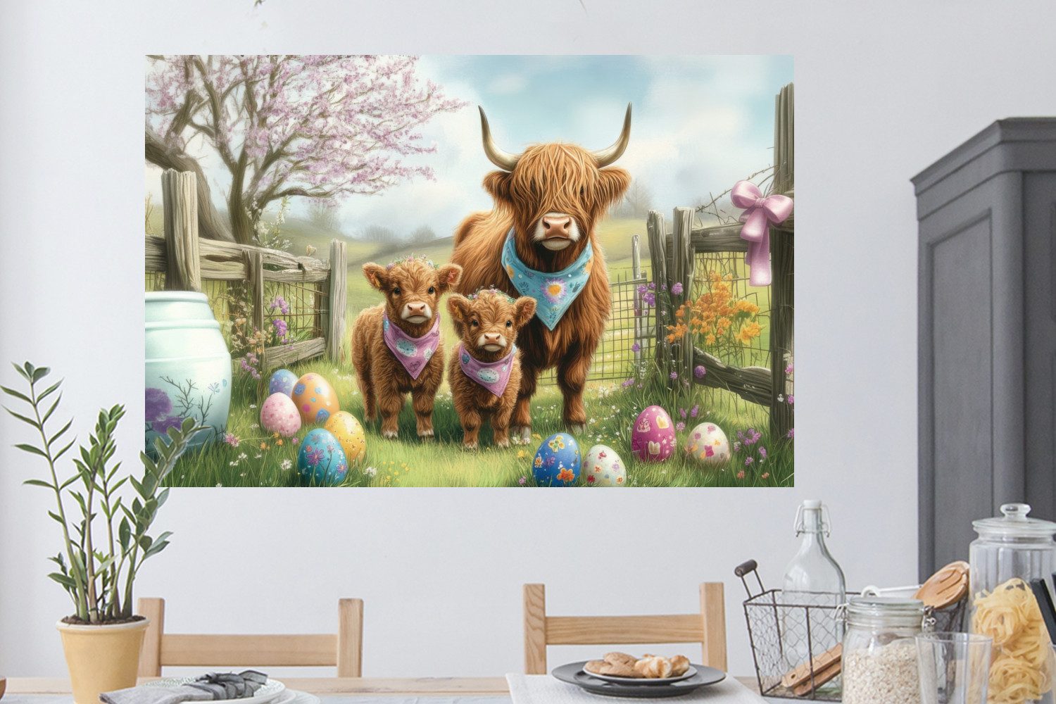 MuchoWow Wandsticker Schottische Highlander - Ostereier - Frühling (1 St), Wanddeko, Aufkleber, Wandtattoo, 120x80 cm
