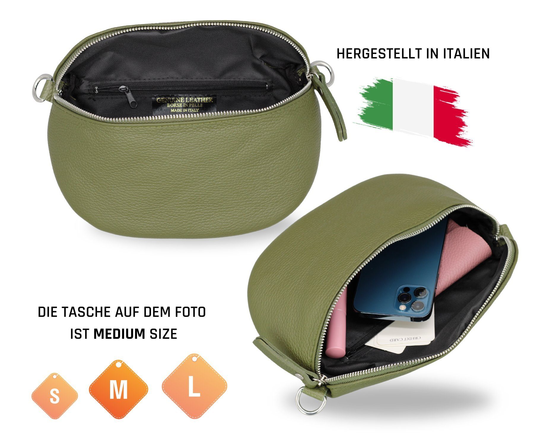 Adel Bags Gürteltasche Bauchtasche Damen Leder Khaki Grün, Umhängetasche, Echtes Leder