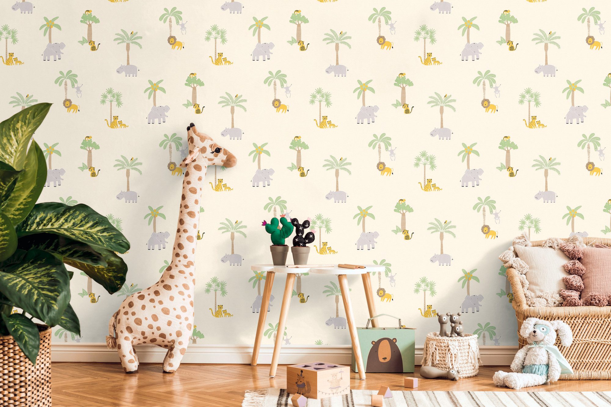 living walls Vliestapete Kids Studio Safari – Tier Vliestapete für Kinder, glatt, naturalistisch, grafisch, Motiv, Safari-Tiere mit Elefanten, Tigern und Palmen