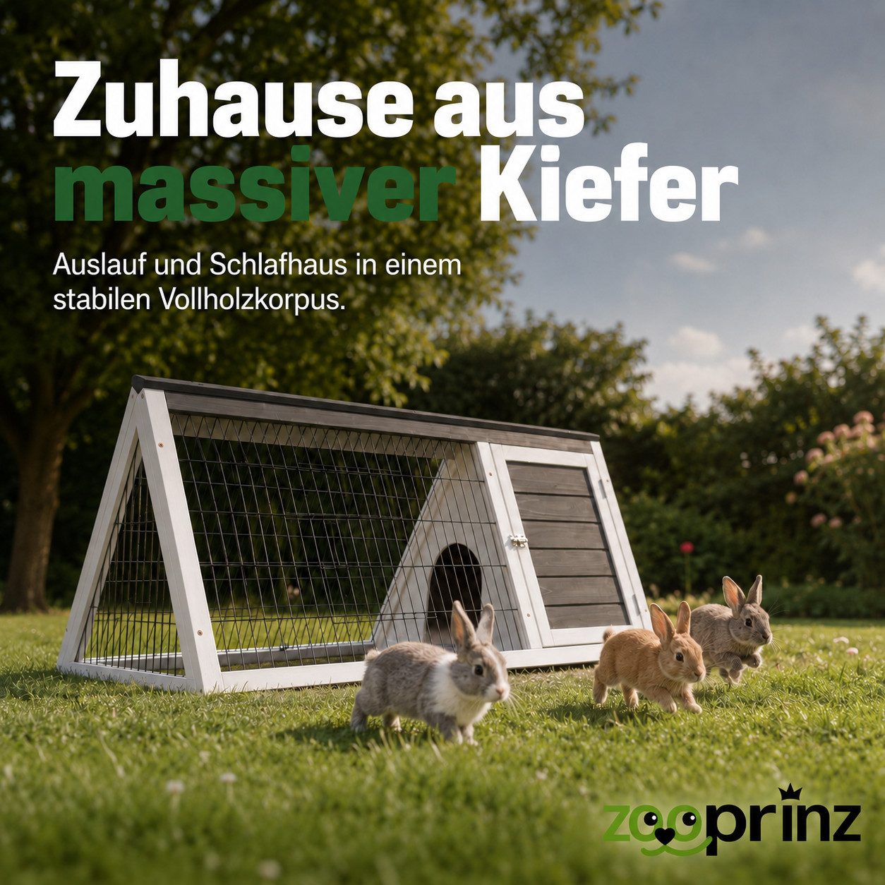 Zooprinz Kleintierstall Hasenstall Kaninchenstall Dreieckig Massivholz mit Freilauf, 115 x 56.5 x 48cm, 2 Türen, Unterschlupf mit Boden