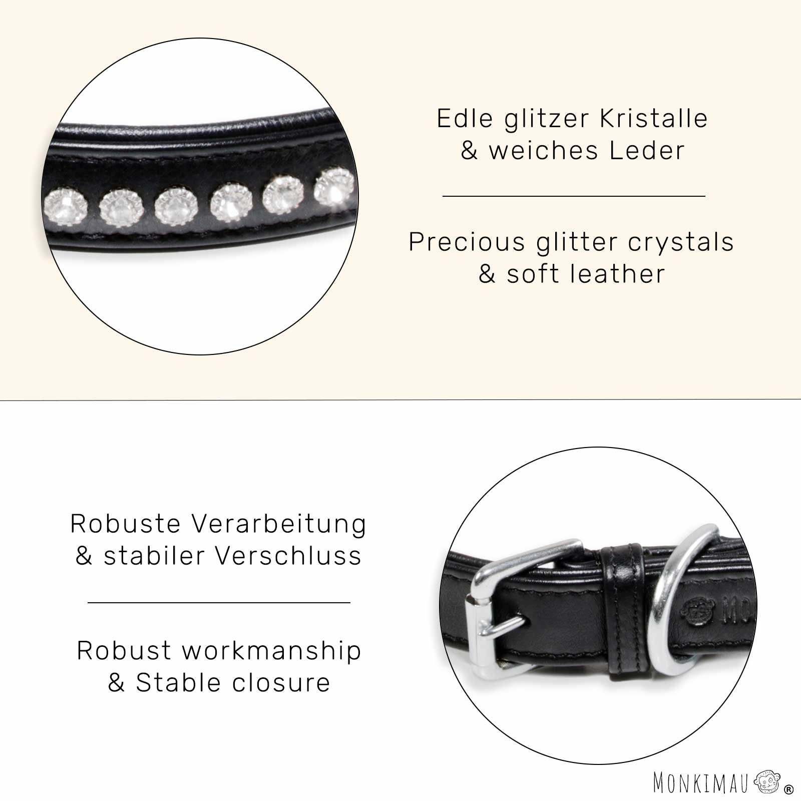 Monkimau Hunde-Halsband Hundehalsband Leder Halsband Hund schwarz gepolstert mit Kristallen, Leder