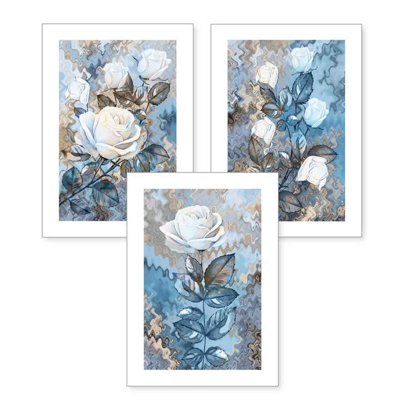 Kreative Feder Poster, Blume, Natur, Pflanze, Rose, blau, abstrakt (Set, 3 St), 3-teiliges Poster-Set, Kunstdruck, Wandbild, optional mit Rahmen, wahlw. in DIN A4 / A3, 3-WP078