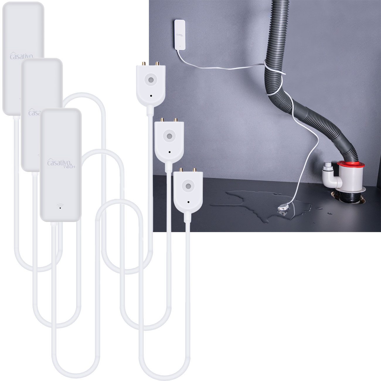 Casativo WLAN-Steckdose Smarter WLAN-Wassermelder Tuya & SmartLife App-Alarm externer Sensor, 3-St., 1er-Set & 2er-Set & 3er-Set, Externer Sensor, App-Alarm, WLAN-fähig, Batteriebetrieb