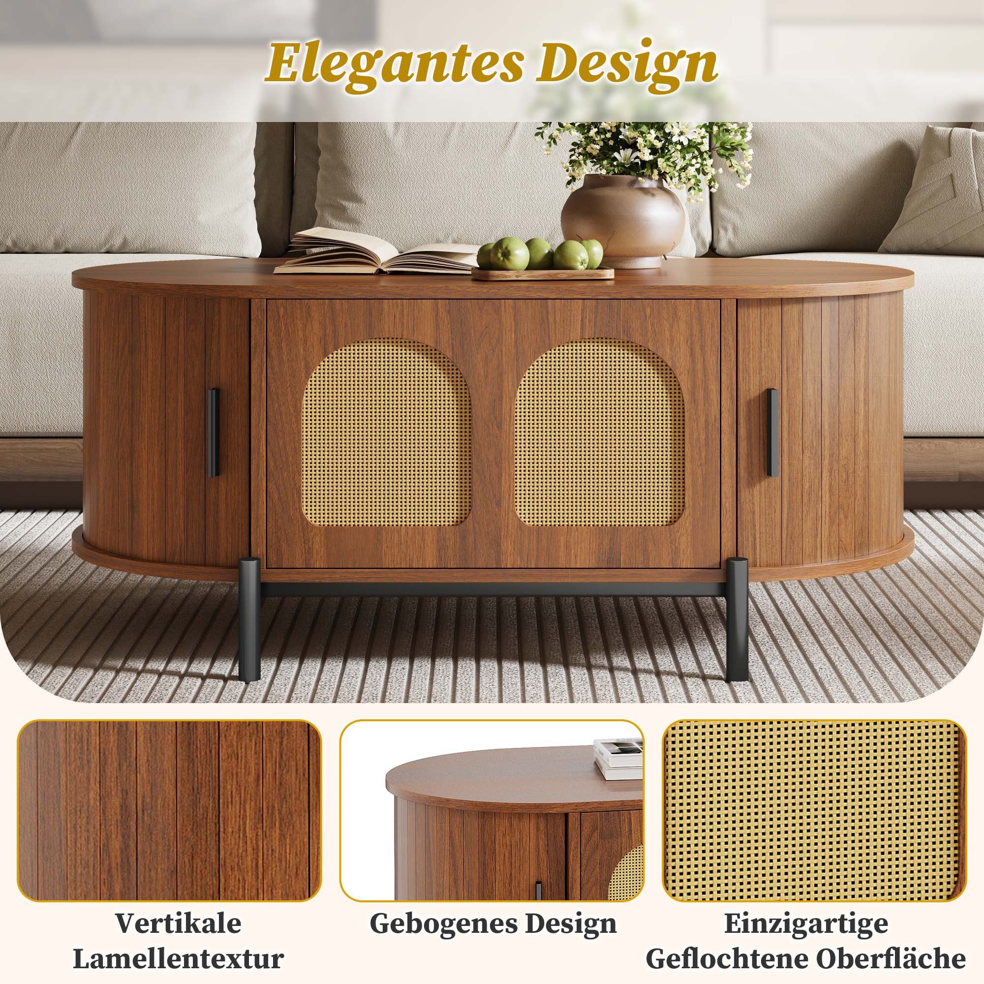 Merax Couchtisch Oval Sofatisch Skandinavisch Beistelltisch mit Rattan-Oberfläche (100 x 50 x 40 cm, 1-St), Wohnzimmertisch mit Klapptür, 2 Schiebetüren, Staura – Bild 5 von 5