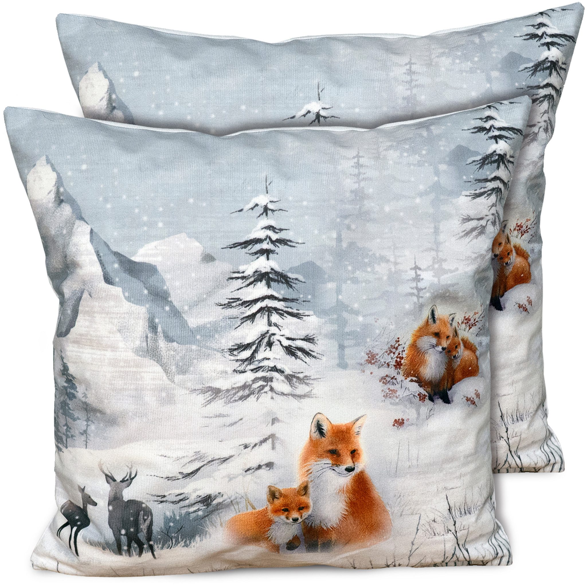 matches21 HOME & HOBBY Kissenbezüge 2er Set Kissenhüllen 40x40 cm Winterwald mit Fuchs, Hirsch als Deko, (2 Stück), Zierkissen-Bezüge für Sofa-Kissen, Couch-Kissen