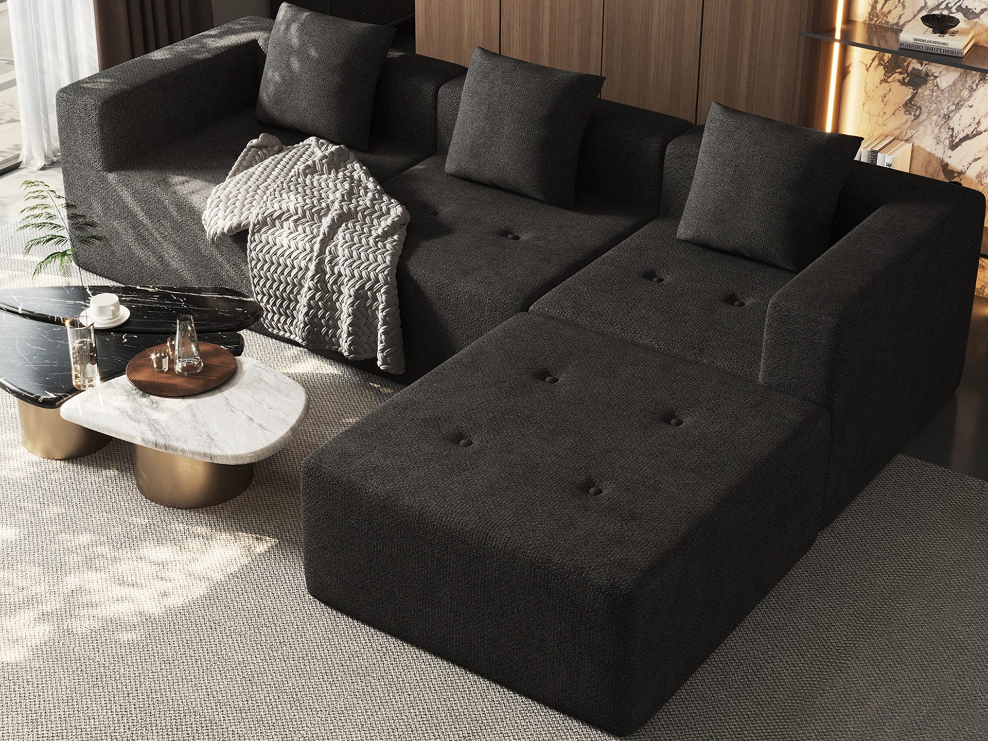 Lexzurn Ecksofa Sofa mit Federkern Widersteht dem Durchsitzen, B: 258.5cm Schlafsofa, mit großer Chaiselongue & 3 Zierkissen, Chenille-Struktur keine Montage erforderlich