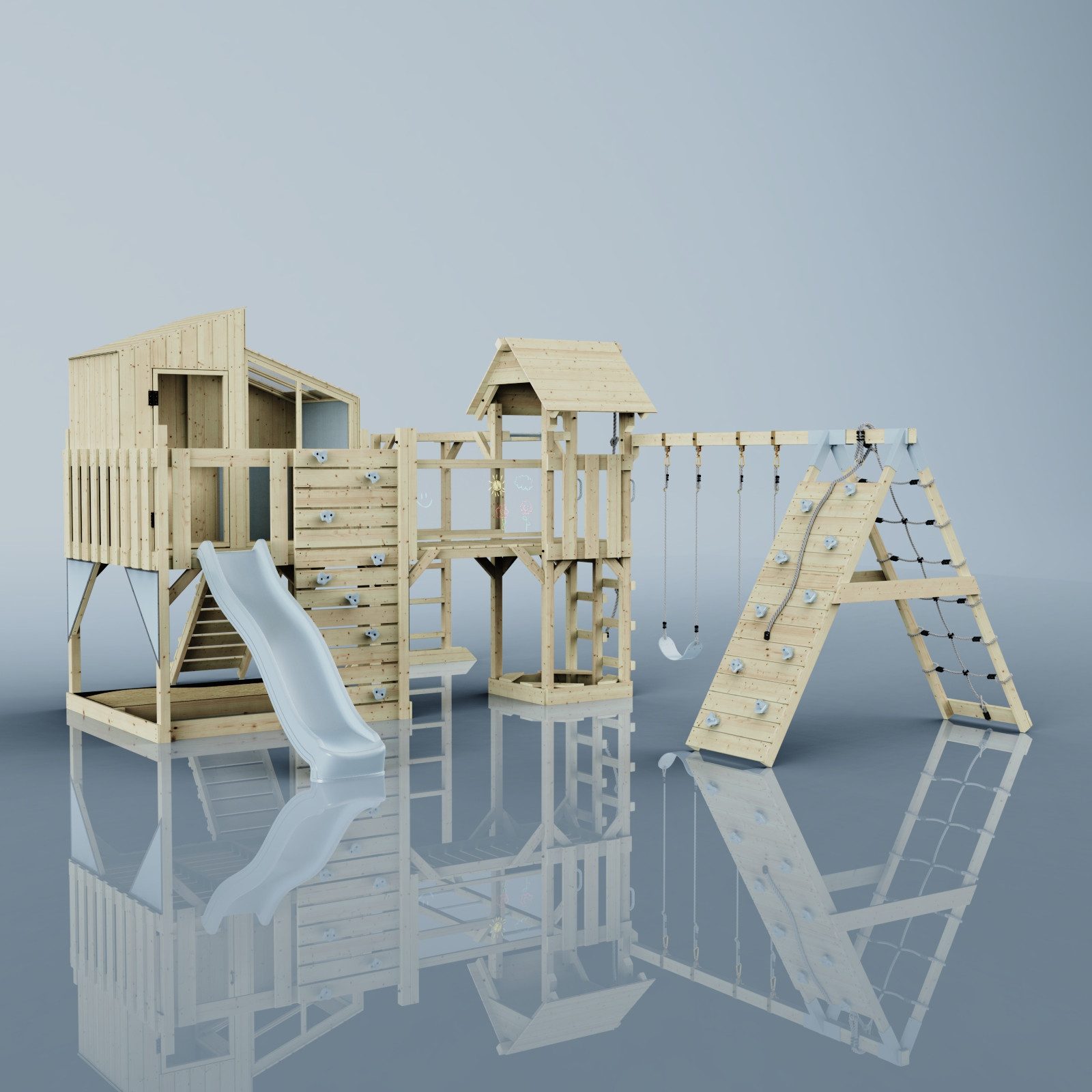 OutdoorToys Spielturm Gustav, aus Holz in Eisblau mit Kinderschaukel & Rutsche, Kletterwand