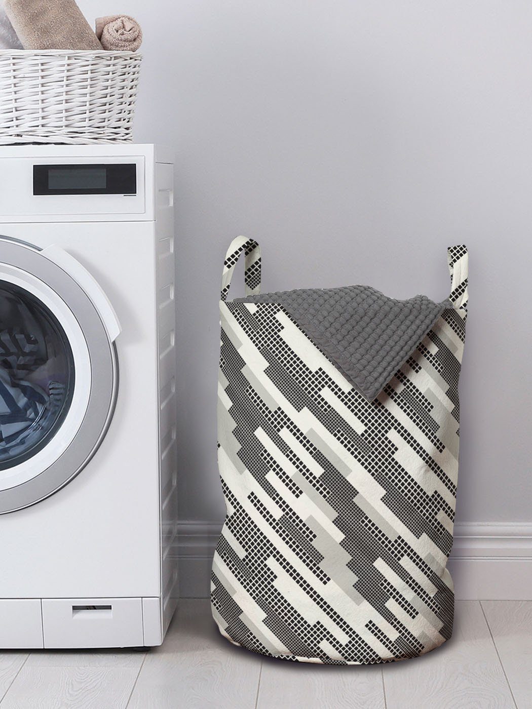 Quadrat-Streifen mit Griffen Kordelzugverschluss Wäschesäckchen Wäschekorb Abstrakt Abakuhaus Moderne für Waschsalons,