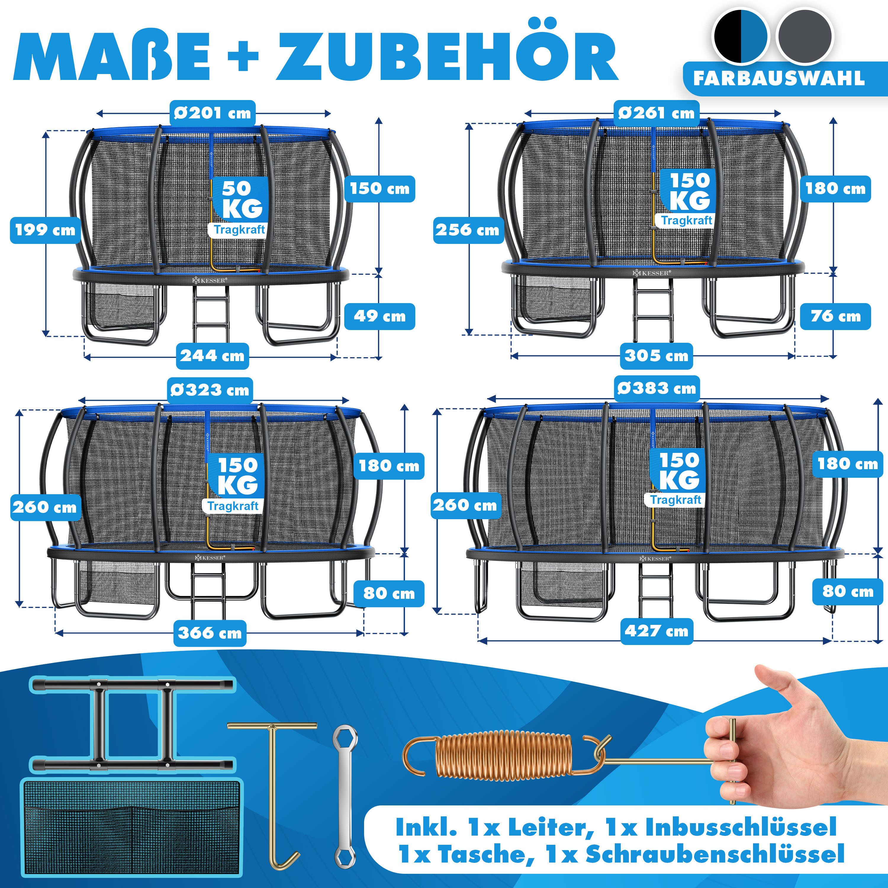 KESSER Gartentrampolin Trampolin Outdoor GS-geprüft Ø 244cm für Kinder bis 50kg, Ø 244 cm, inklusive Sicherheitsnetz, Tasche, Leiter, Randabdeckung & Netzstangen