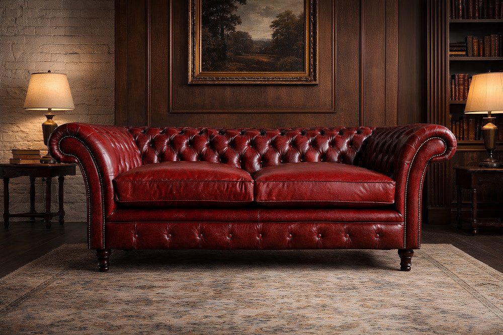 JVmoebel Chesterfield-Sofa Bordeaux Chesterfield Sofa aus 100% Leder in stilvollem Design, Made in Europa