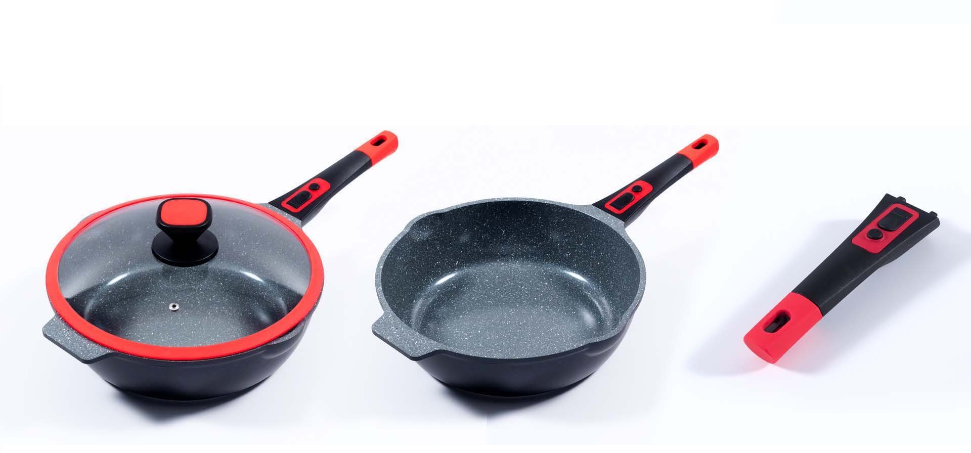 KING Pfannen-Set Click-Grip, Aluminiumguss (Set, 3-tlg., je 1 Pfanne Ø 24/28/32 cm, H: 7,5/8,5/9,5 cm, - 6/2,8/4 l), abnehmbarer Griff, Induktion