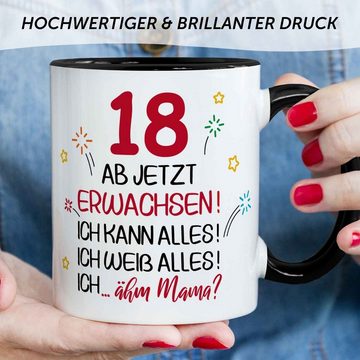 GRAVURZEILE Tasse mit Spruch - 18 ab jetzt erwachsen - Geschenk für Mädchen & Jungen, zum 18. Geburtstag - Geburtstagsgeschenk - Schwarz & Weiß