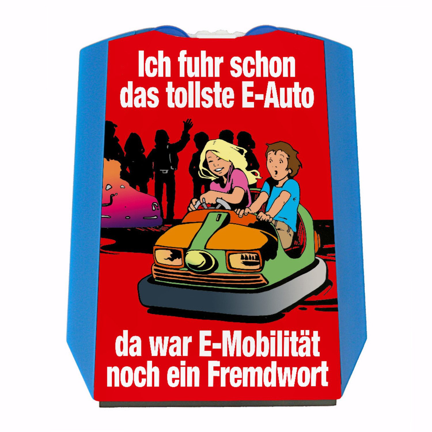 Parkscheibe Boxauto als E-Auto Parkscheibe mit Spruch zu E-Mobilität in rot