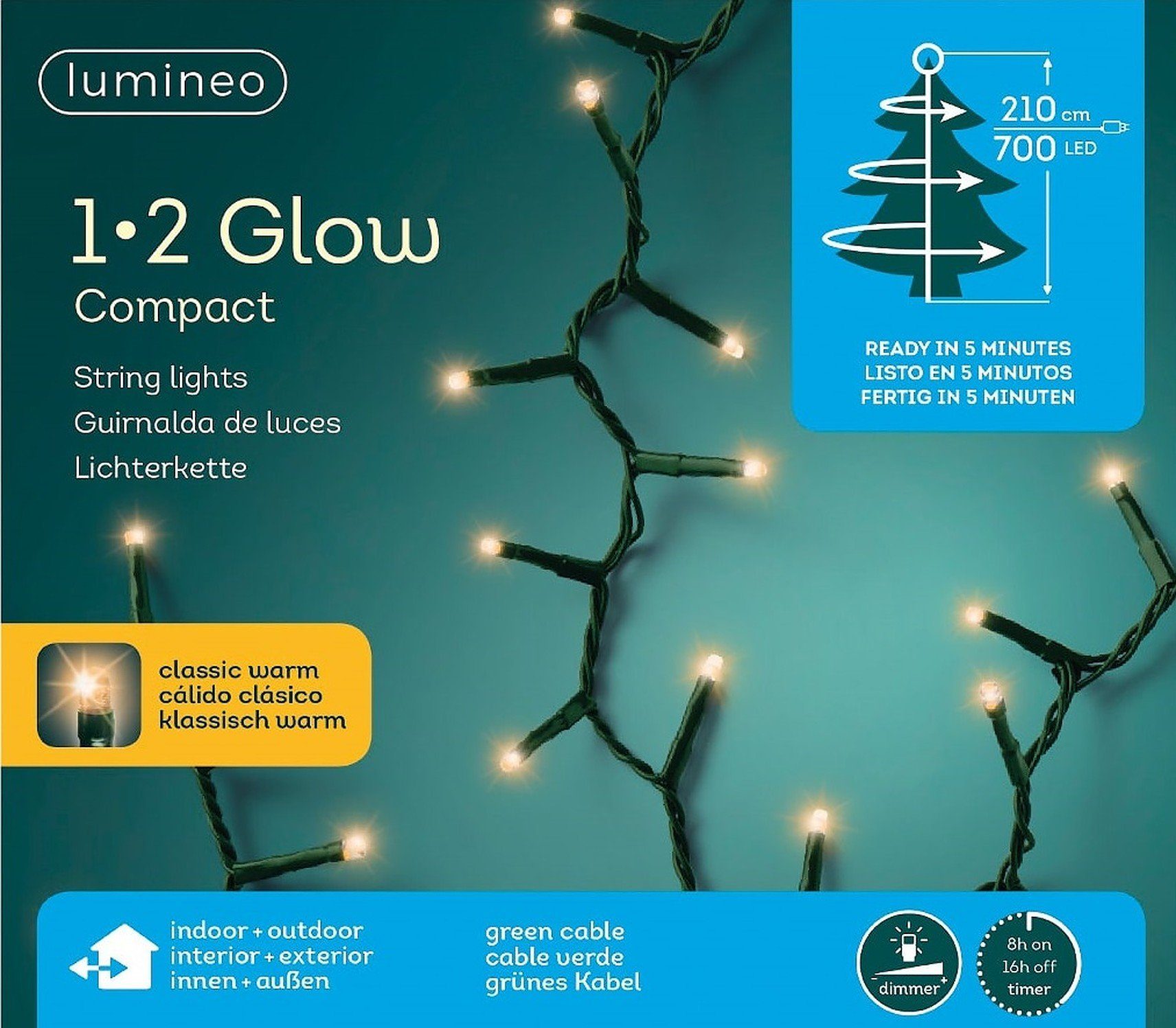 Lumineo LED-Lichterkette Outdoor, Lumineo warm, Lichterkette Compact IP44-Schutz Glow Timer, grün, 1-2 Dimmbar, Indoor, 700LED klassisch 2,1m