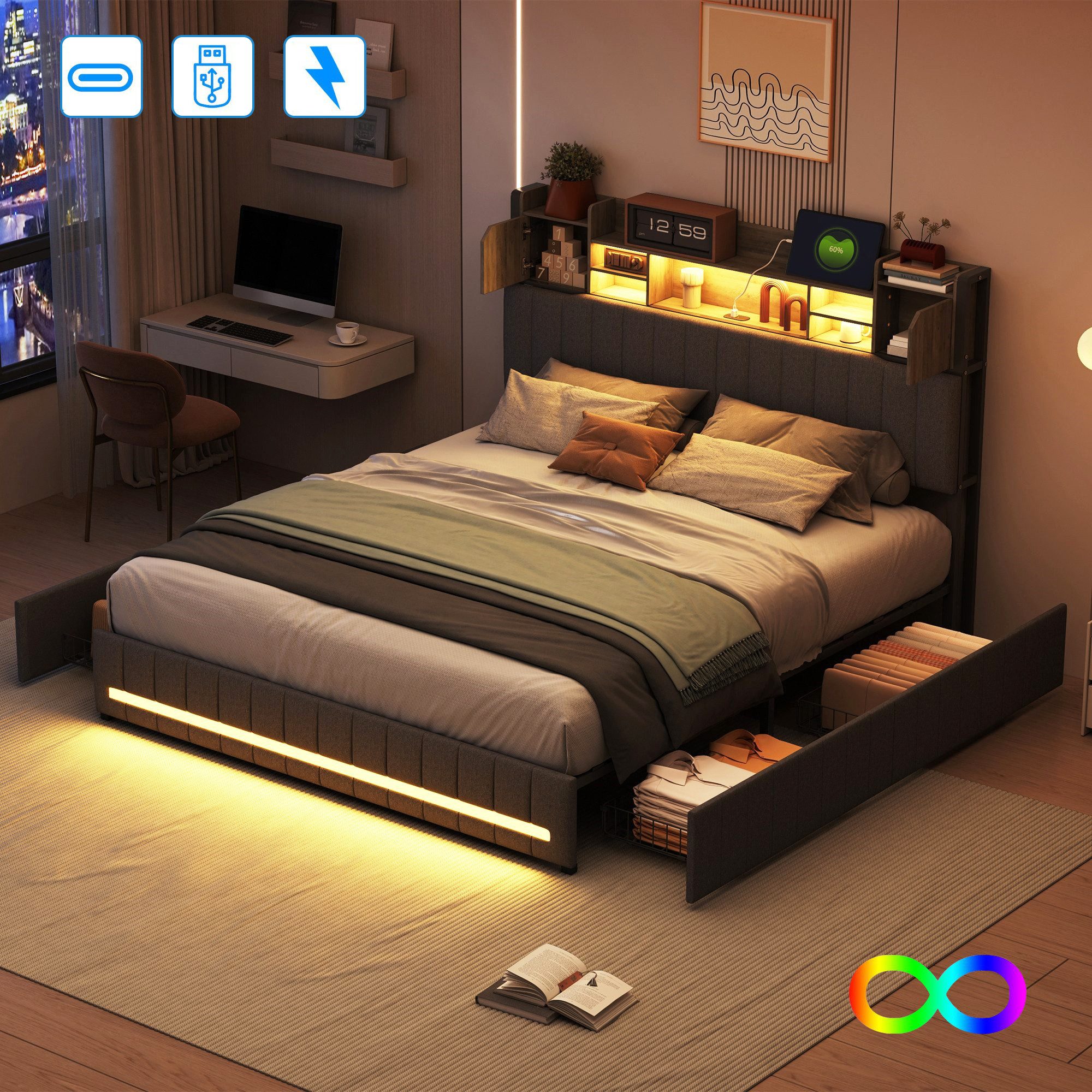 Furnishings Home Stauraumbett Polsterbett LED Doppelbett (1 tlg., Inkl. vier Rollschublade, USB + TYPE-C Ladeschnittstelle), Multifunktionsbett, Mit LED-Licht, Nachttisch, Leinen, 140x200 cm