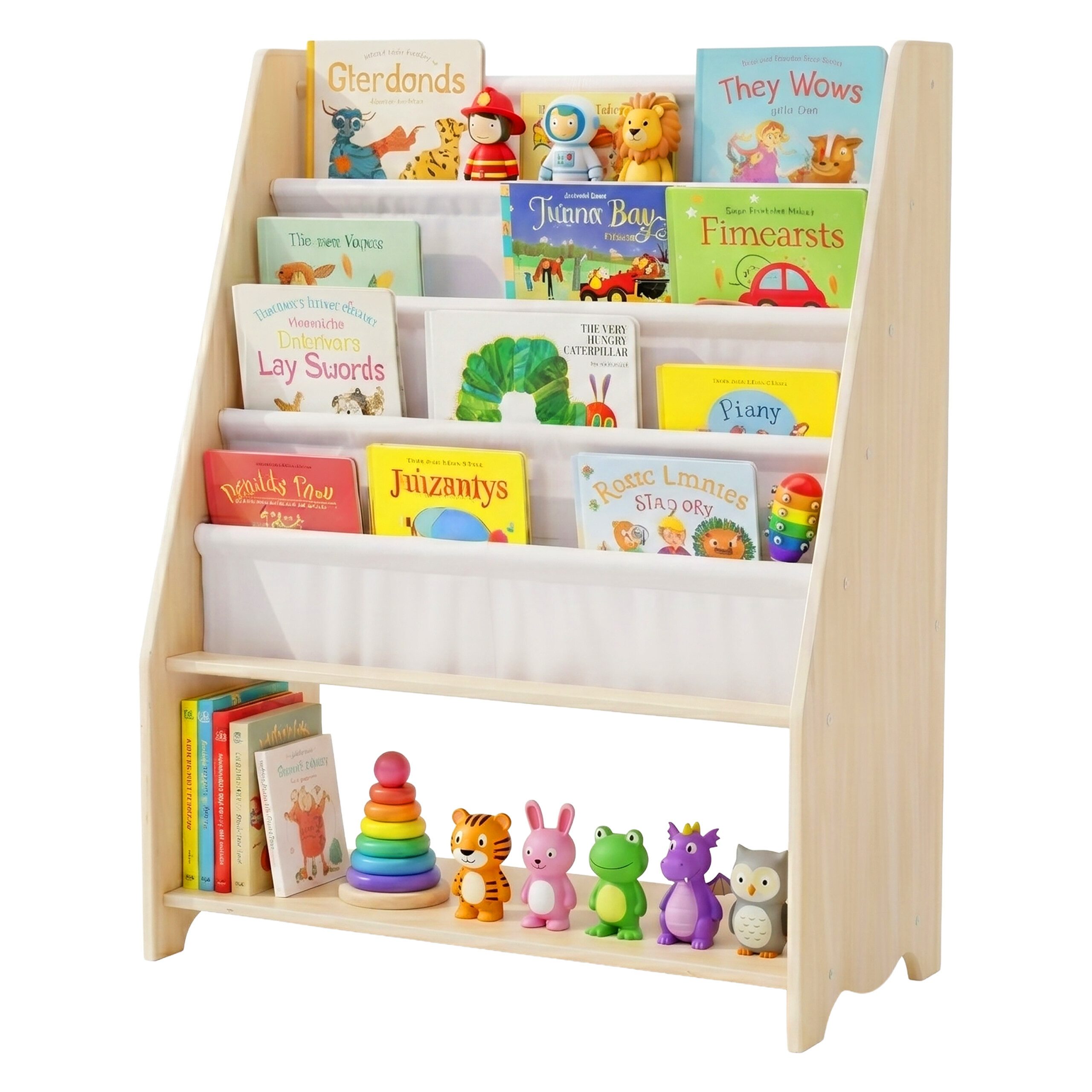 relaxdays Kinderregal Bücherregal Kinder 4 Stofftaschen, B
