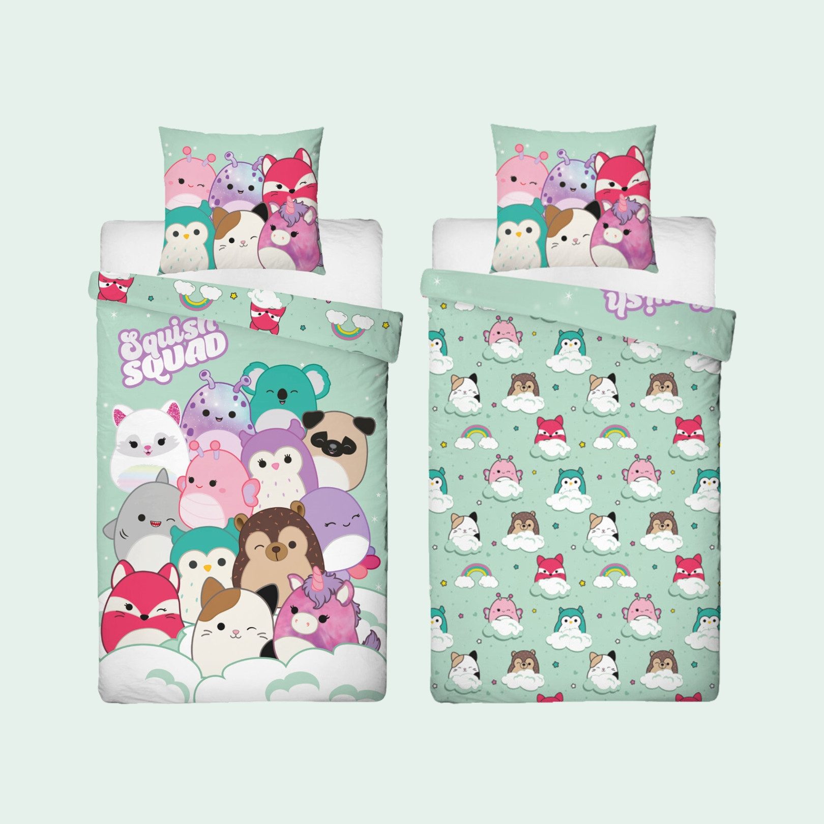 MTOnlinehandel Bettwäsche Squishmallows 135x200 + 80x80 cm, 100% Baumwolle, 2 teilig, Squish Squad, Cam, Fifi, Lola, Winston und Hans, Regenbogen, Wolke – Bild 3 von 5