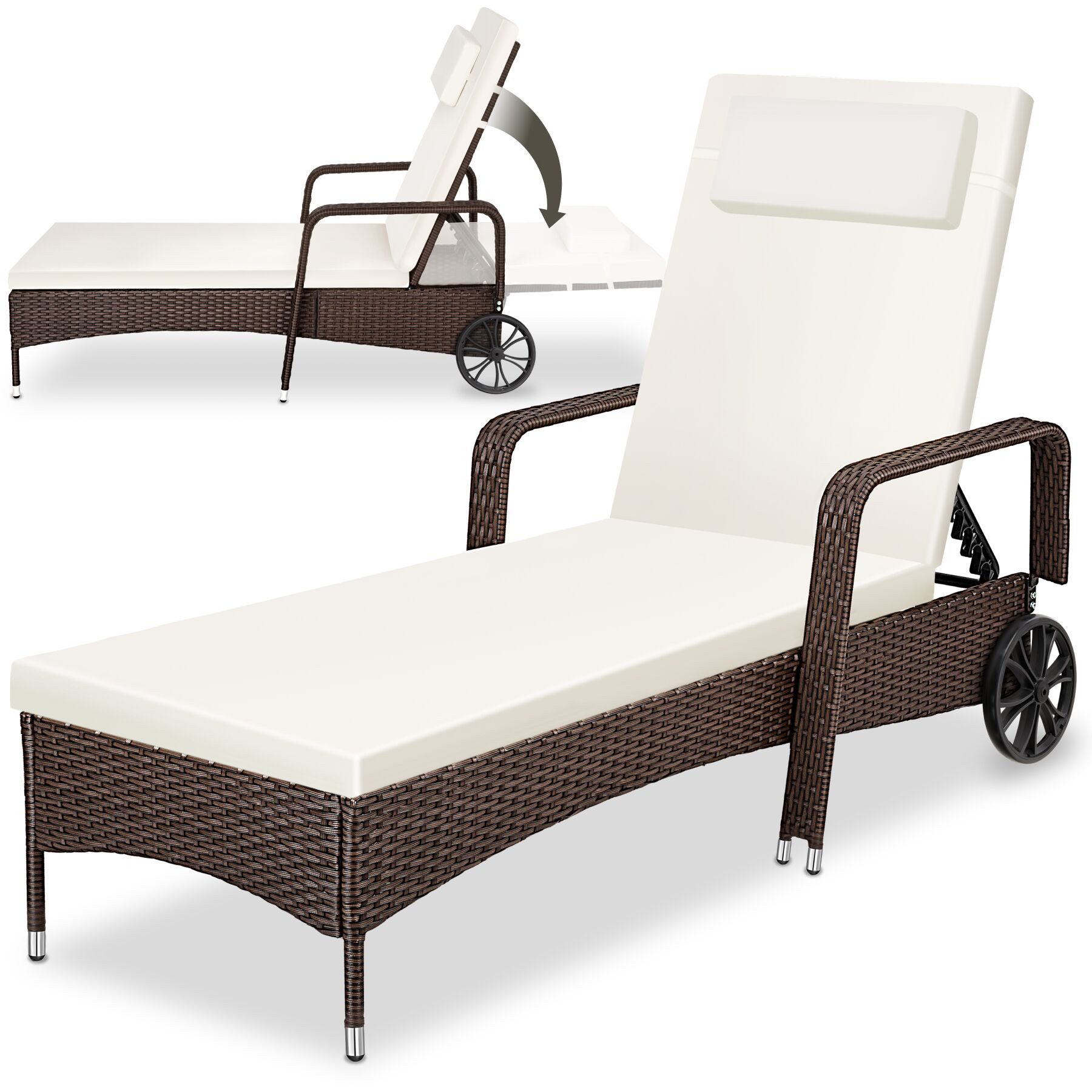 tectake Gartenliege Rattan Sonnenliege, abnehmbares Kopfkissen, 200 x 70 x 33 cm, Balkonliege, 1 St., für Außen in Braun gemischt, widerstandsfähig, UV-beständig, verstellbar Rückenlehne, mit Rädern