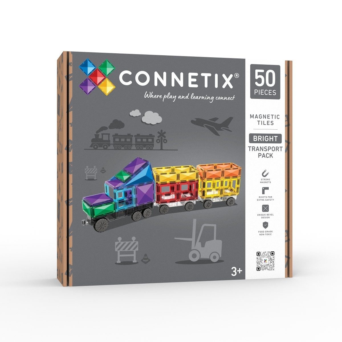 Connetix Rainbow Transport Pack 50 Teile, Fahrzeugbasen, Gummireifen Magnetspielbausteine