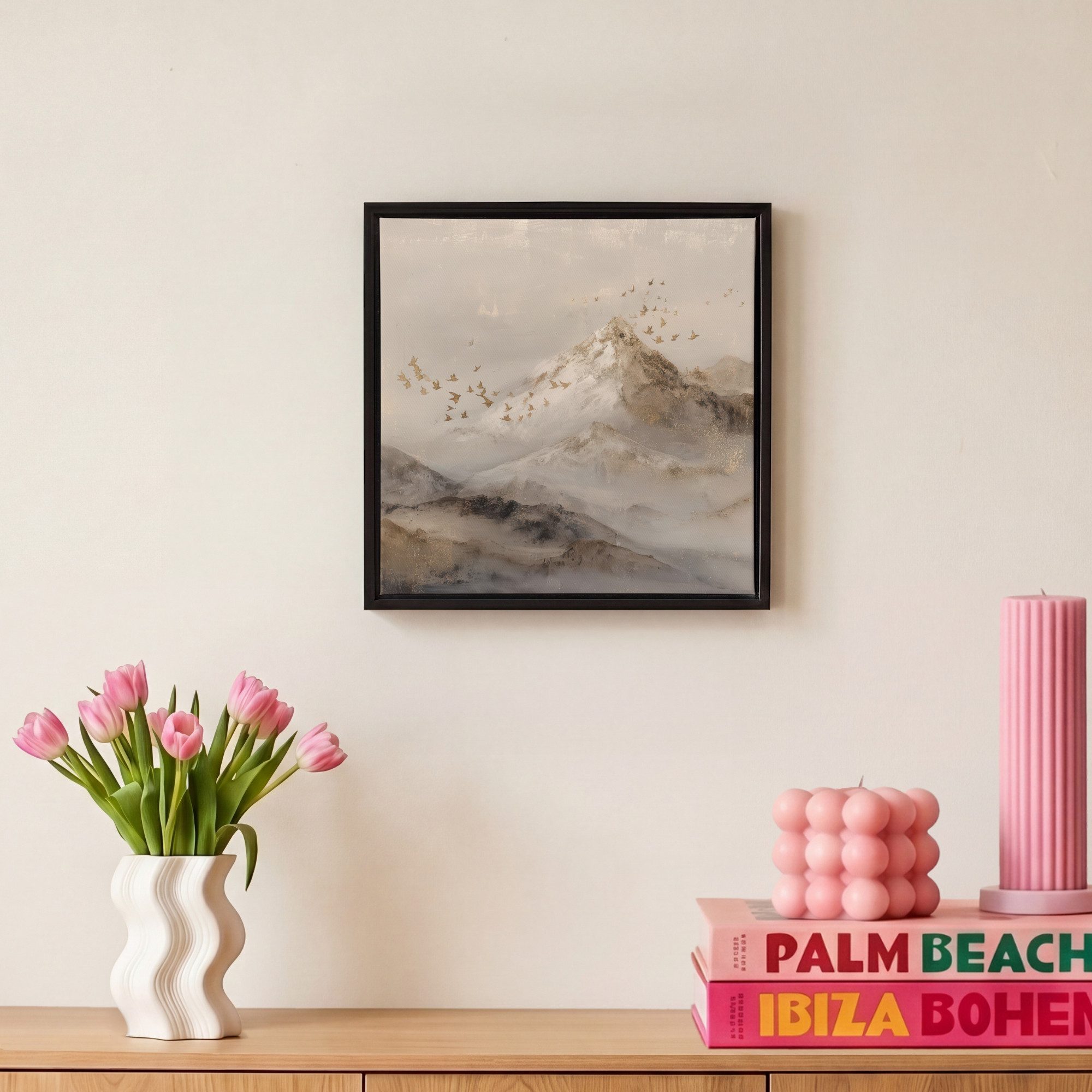 OneMillionCanvasses® Leinwandbild mit Rahmen - Berglandschaft - Nebel - Pinselstriche, Fotodruck (1 St), Leinwand Bilder Klein, Wand Dekoration Aesthetic 20x20c – Bild 4 von 5