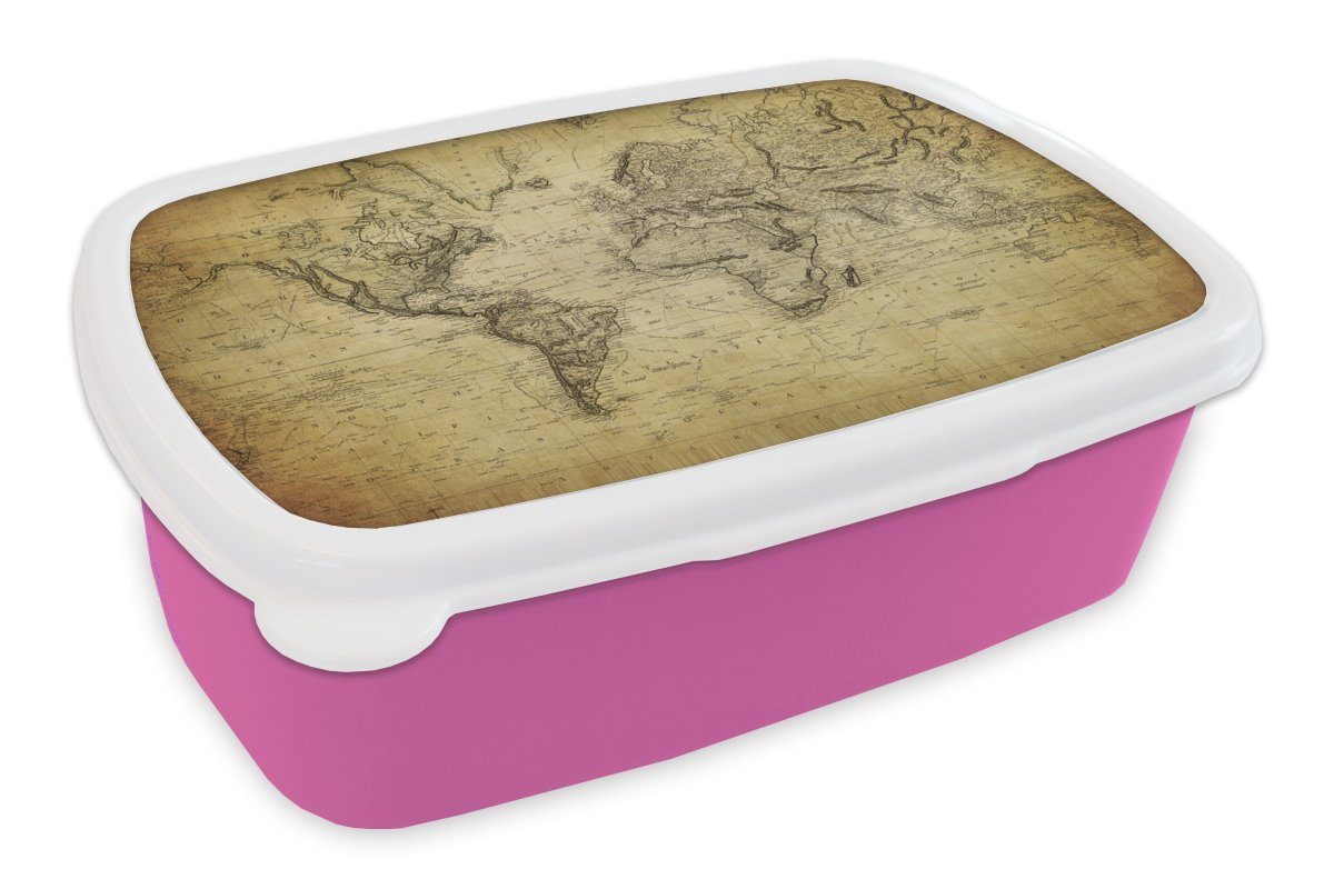MuchoWow Lunchbox Weltkarte - Vintage - Antik - Braun - Papier, Kunststoff, (2-tlg), Brotbox für Erwachsene, Brotdose Kinder, Snackbox, Mädchen, Kunststoff rosa