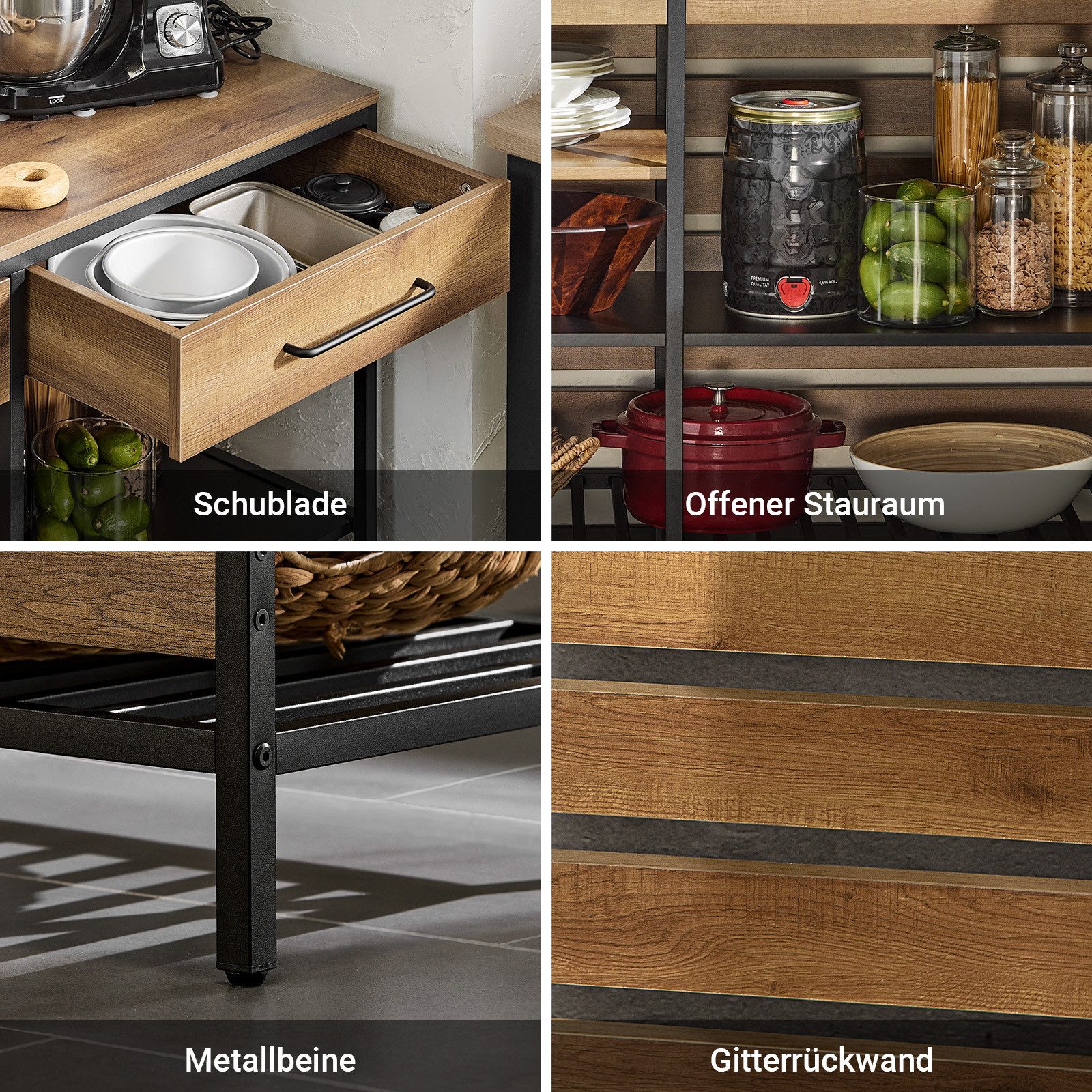 SoBuy Küchenbuffet FSB85, Küchenkommode mit offenen Ablagen, Mikrowellenfach Küchenmöbel Sideboard mit Schublade und Ablagen Kommode Küchenschrank Flurschrank