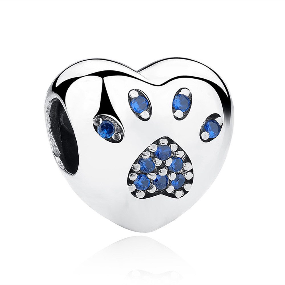 Bead Pfötchenherz Blau Charm für Charm Armband, 925er Silber, Zirkonia
