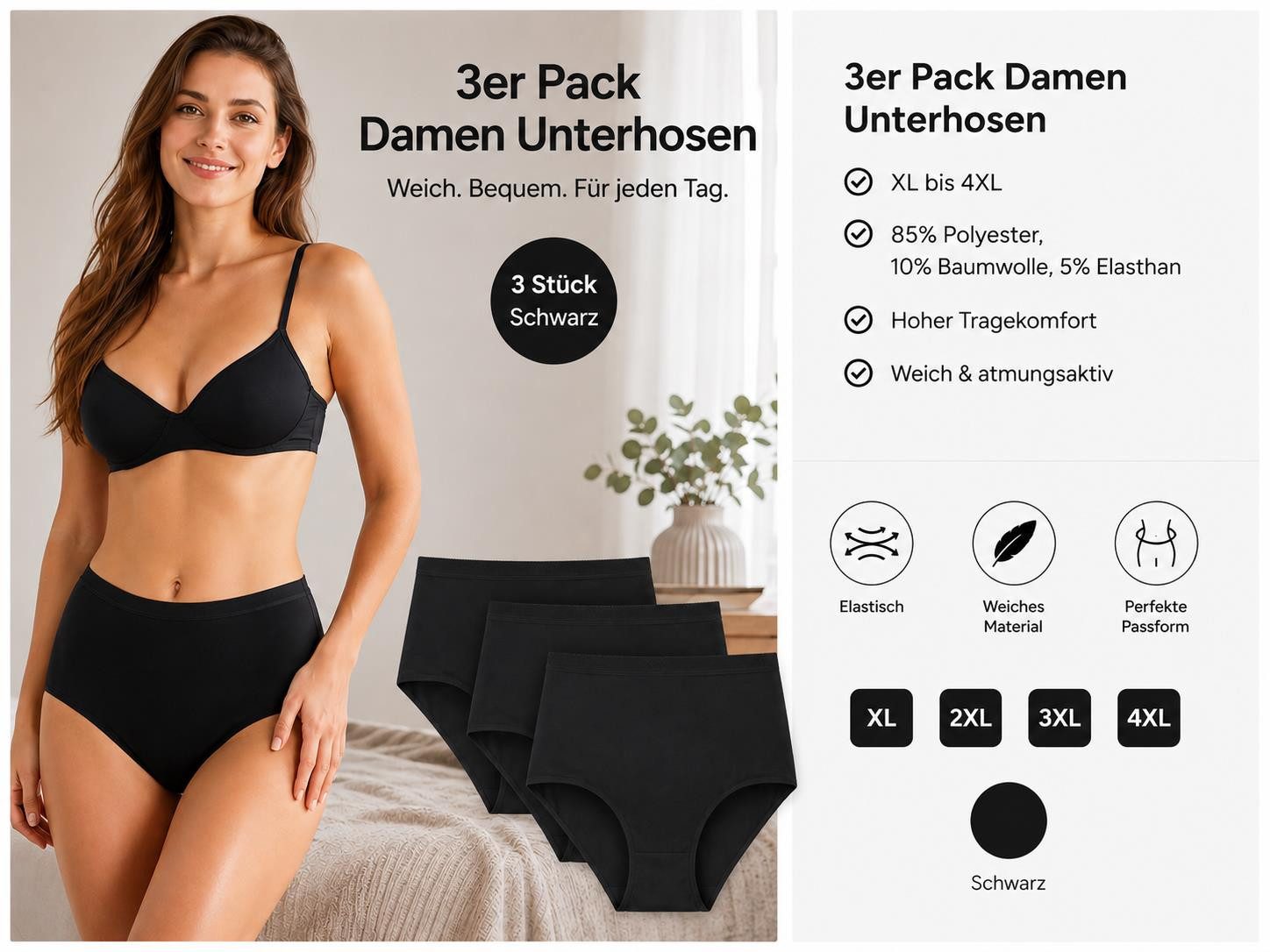 EloModa Taillenslip Damen Slips 3er Pack Schwarz XL-4XL High Waist Komfortbund (3-St) 3er Pack Schwarz XL-4XL High Waist