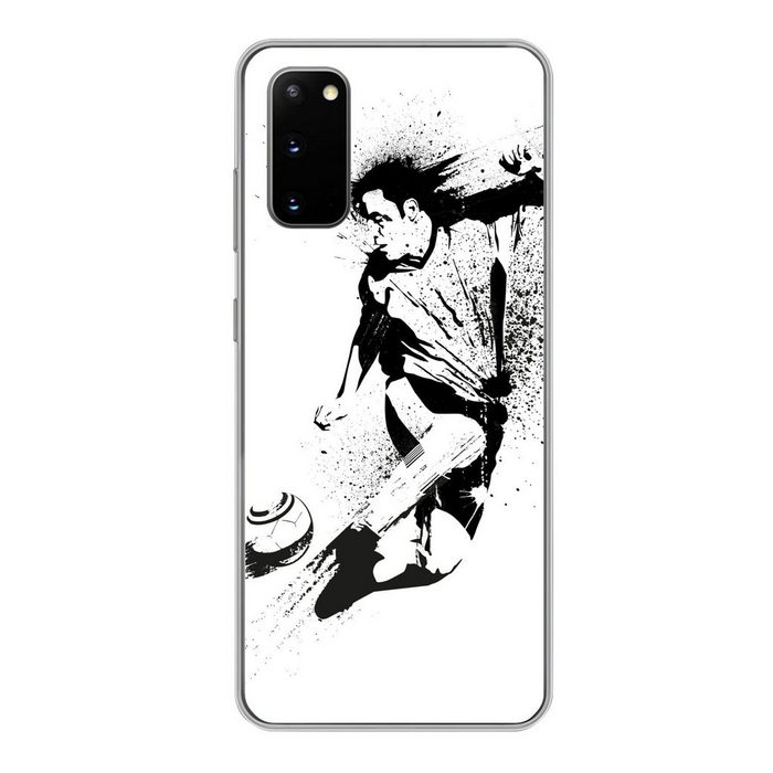 MuchoWow Handyhülle Eine Illustration einer Person die einen Fußball in Richtung Tor Phone Case Handyhülle Samsung Galaxy S20 Silikon Schutzhülle