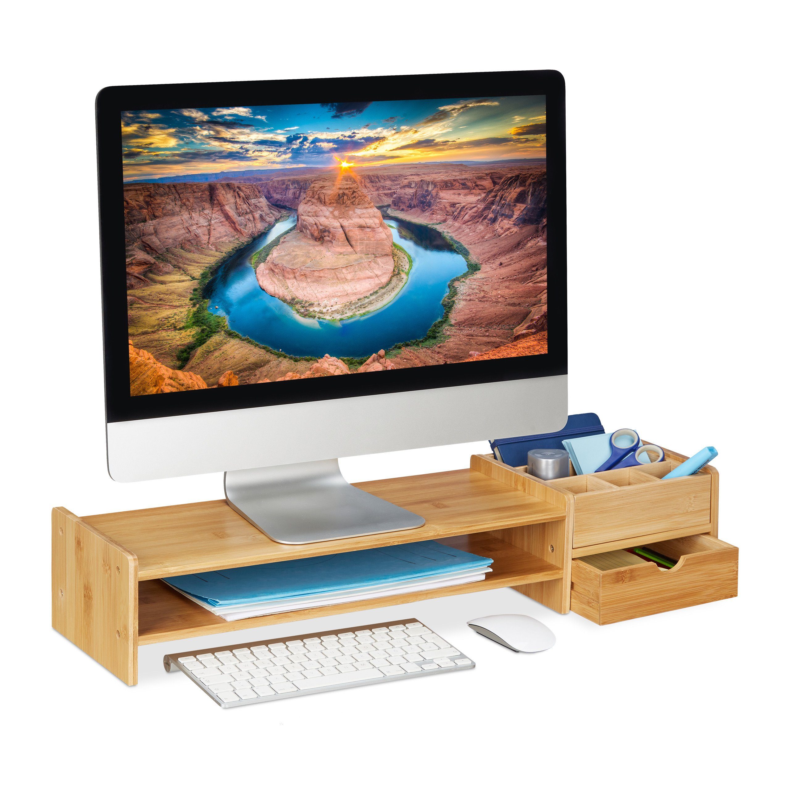 relaxdays Monitorständer Bambus Monitorständer mit Stauraum, (bis 27.56 Zoll, 1-tlg)
