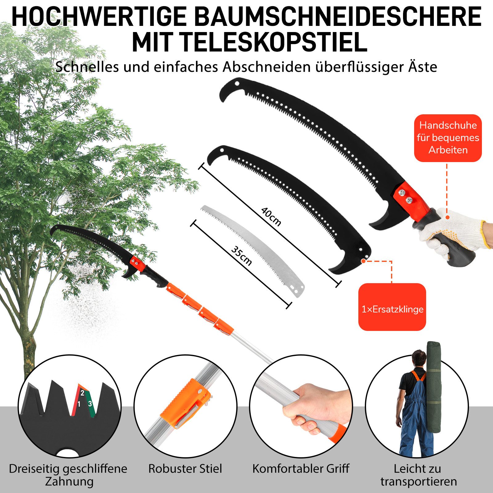 LALAHO Gartensäge Teleskop-Gartensäge mit Stiel (7.3/8 m) – Handsäge, einstellbare Länge, Astscheren-Set mit Tragetasche & scharfem Sägeblatt – Bild 2 von 5