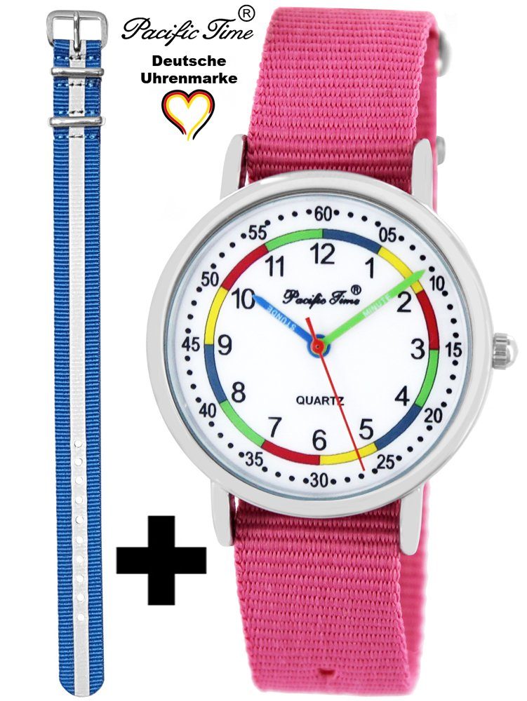 Quarzuhr rosa Lernuhr Time First Pacific Mix Kinder Wechselarmband, und Gratis Armbanduhr - Reflektor Design blau Versand Set und Match
