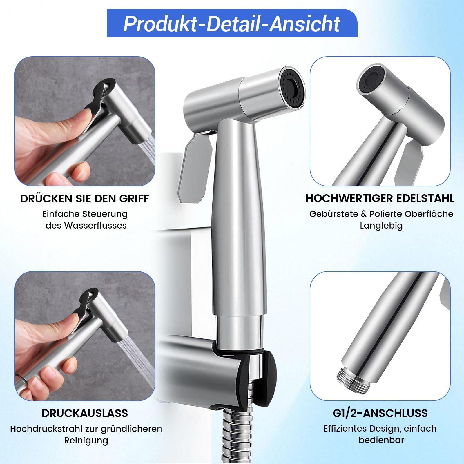 MOPUEA Bidetarmatur Handbrause Bidet Sprayer Mit Halter Wassermenge einstellbar Edelstahl (Bidet Handbrause Set, Edelstahl Bidet Handbrause mit Schlauch Ventil und Adapter) Edelstahl rostfrei präzise Wasserregulierung einfache Montage