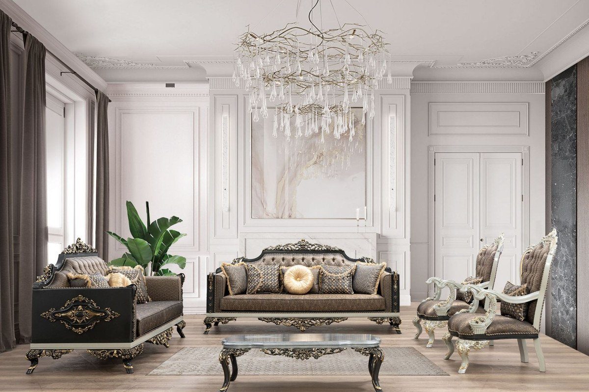 Barock Padrino Möbel - Weiß / / Gold Casa Wohnzimmer mit Luxus Muster Sessel Blau Prunkvoller Gold Wohnzimmer Sessel elegantem Grau Sessel / / Barock -