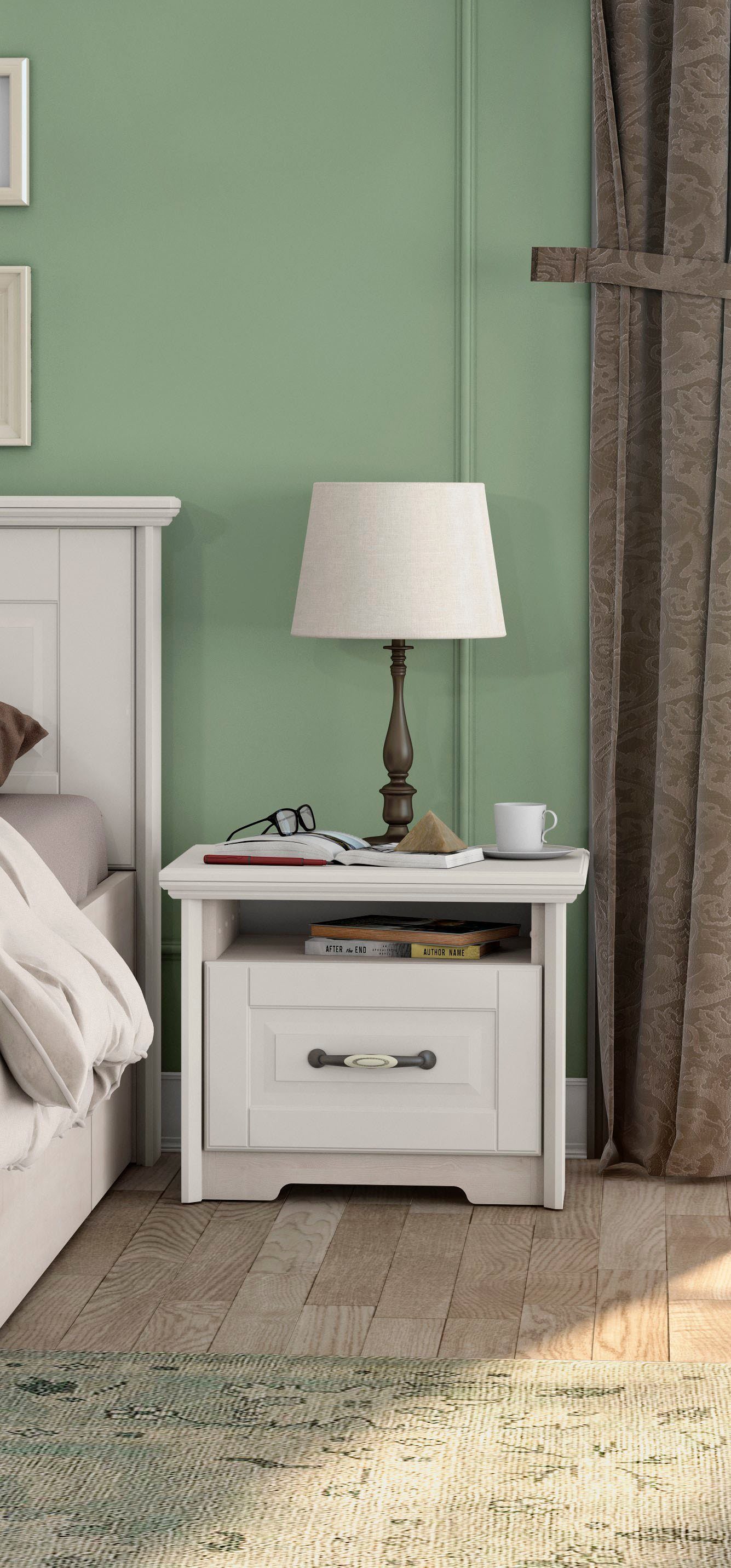 Home affaire Nachtkommode Evergreen, Maße: B/T/H 56/42/45cm, Soft-Close-Funktion (1 offenes Fach und 1 Schublade mit dekoriertem Metallgriff), im klassischen Landhausstil,FSC-zertifiziert,hochwertige UV Lackierung
