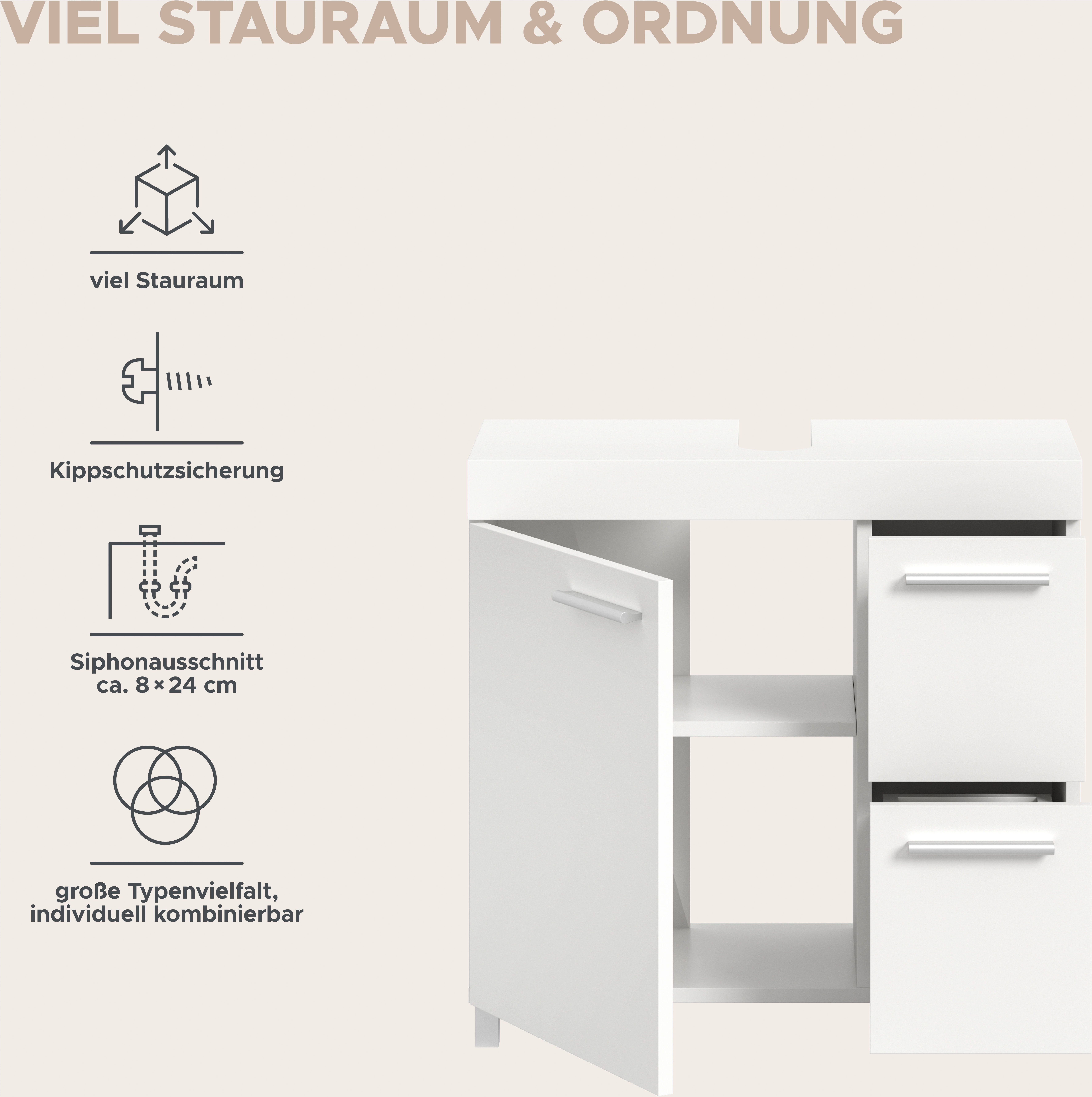 welltime Waschbeckenunterschrank HANO, Badezimmer, WBU, Waschtisch, Kommode, Unterschrank (in 2 verschiedenen Farben und 2 verschiedenen Ausstattungen erhältlic – Bild 4 von 5