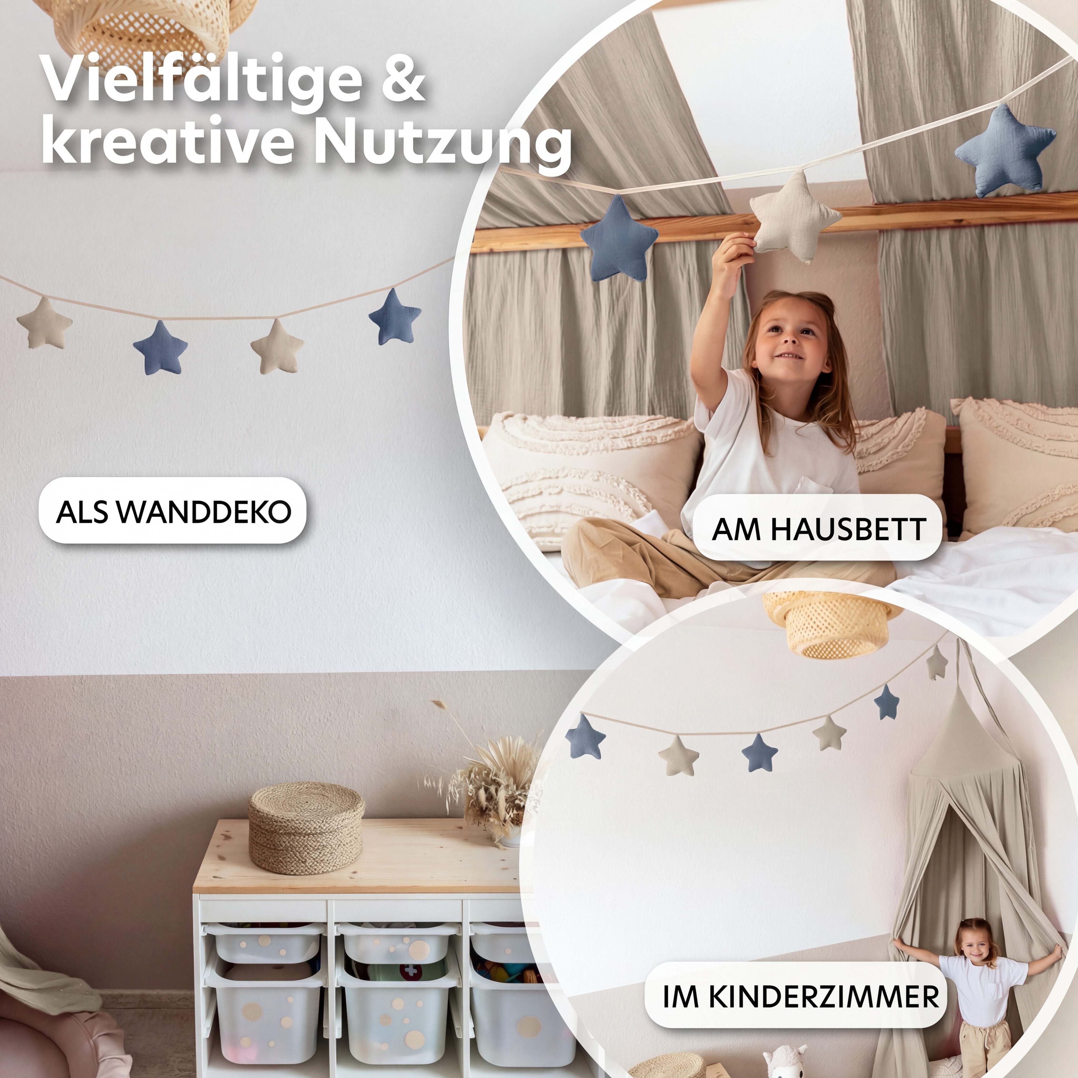lilimaus Wimpelkette Sternenkette für Kinderzimmer - handgenähte Stoff-Girlande, handgefertigte Stoff-Girlande ca. 300 cm - Wimpel oder Sterne