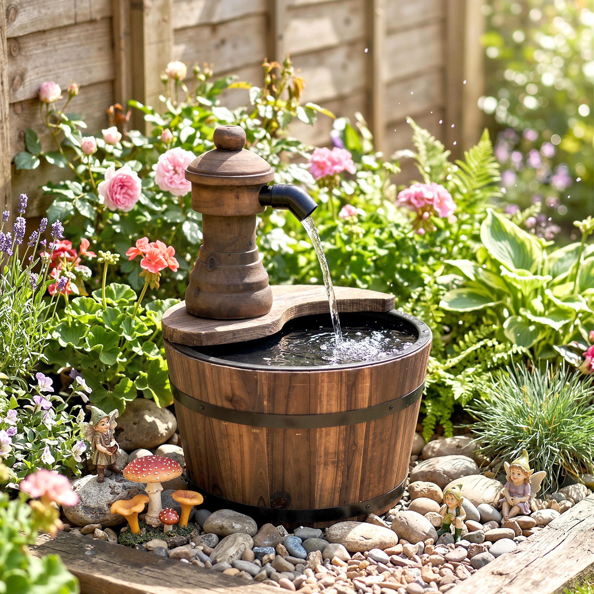 Gartenbrunnen Fassbrunnen Wasserfall Holzeimer