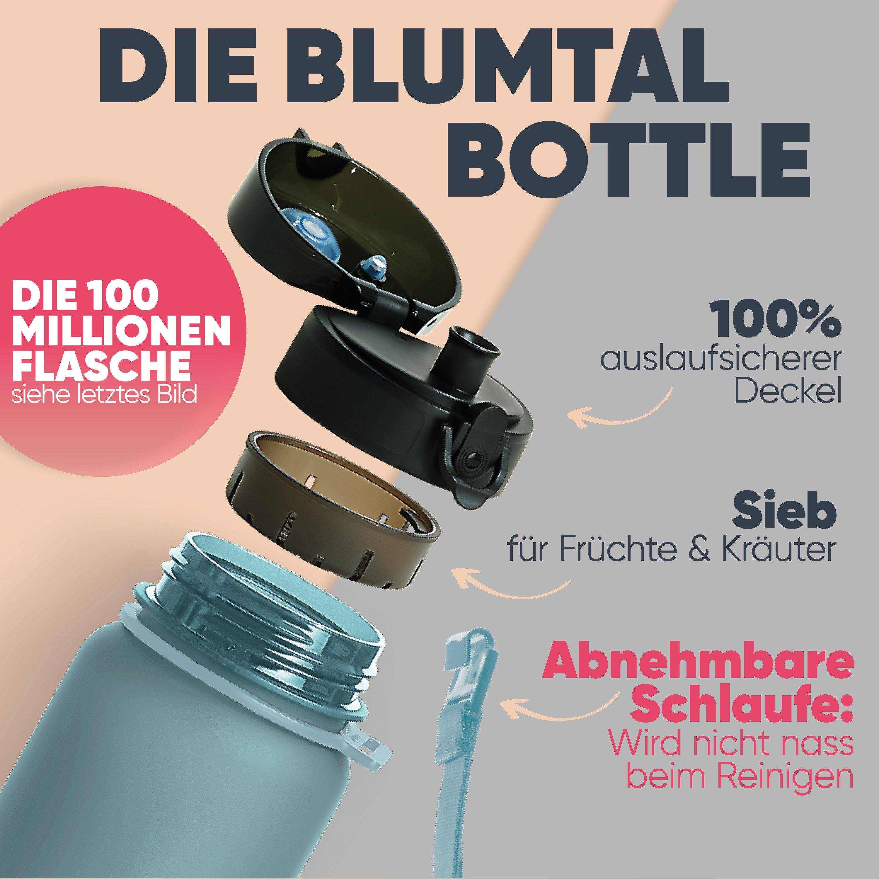 Blumtal Trinkflasche auslaufsichere Trinkflasche Sport + 1-Klick-Verschluss, BPA-freie Wasserflasche mit Sieb - spülmaschinenfest
