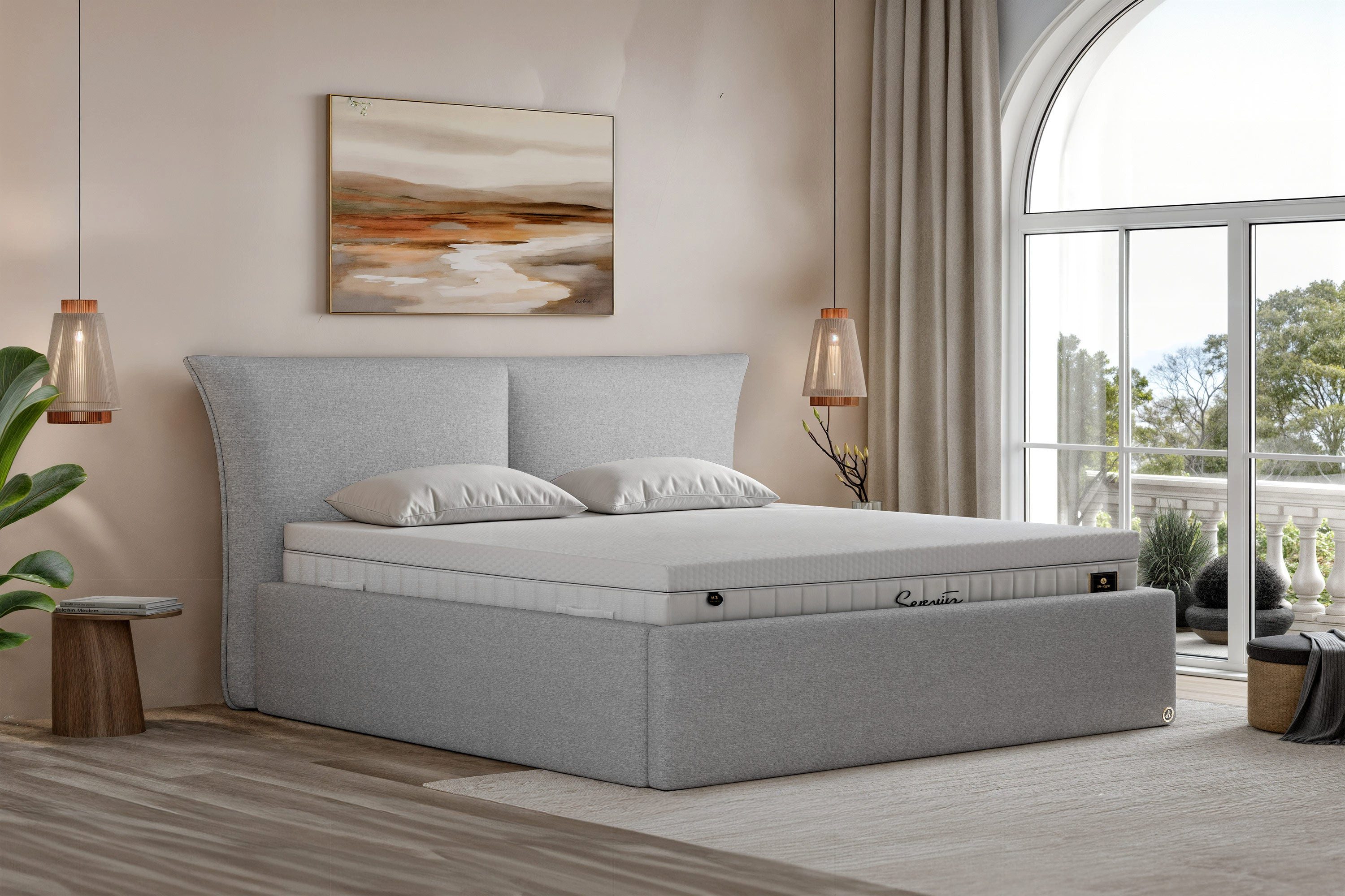 Di-Lara Polsterbett Asteria 90x200 cm (Grau, mit Lattenrost(e) und XXL Bettkasten), ohne Matratze und Topper