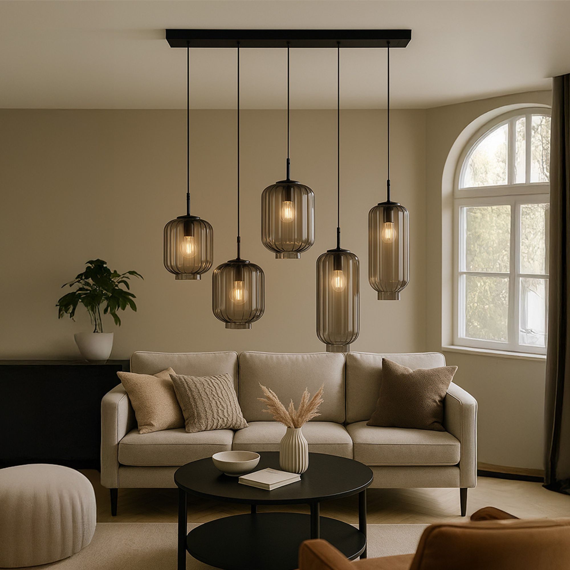 s.luce Pendelleuchte Velo Esstischlampe 5-flg 2-reihig 160cm Ø18/20/25cm Rauch
