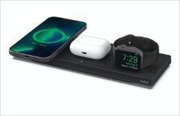 Belkin Belkin drahtloses 3-in-1 MagSafe Ladepad Smartphone-Ladegerät (inkl. Netzteil kompatibel für iPhone der Serie 15/14/13/12, für iPhone, Apple Watch und AirPods, Wireless Ladegerät/Ladestation)