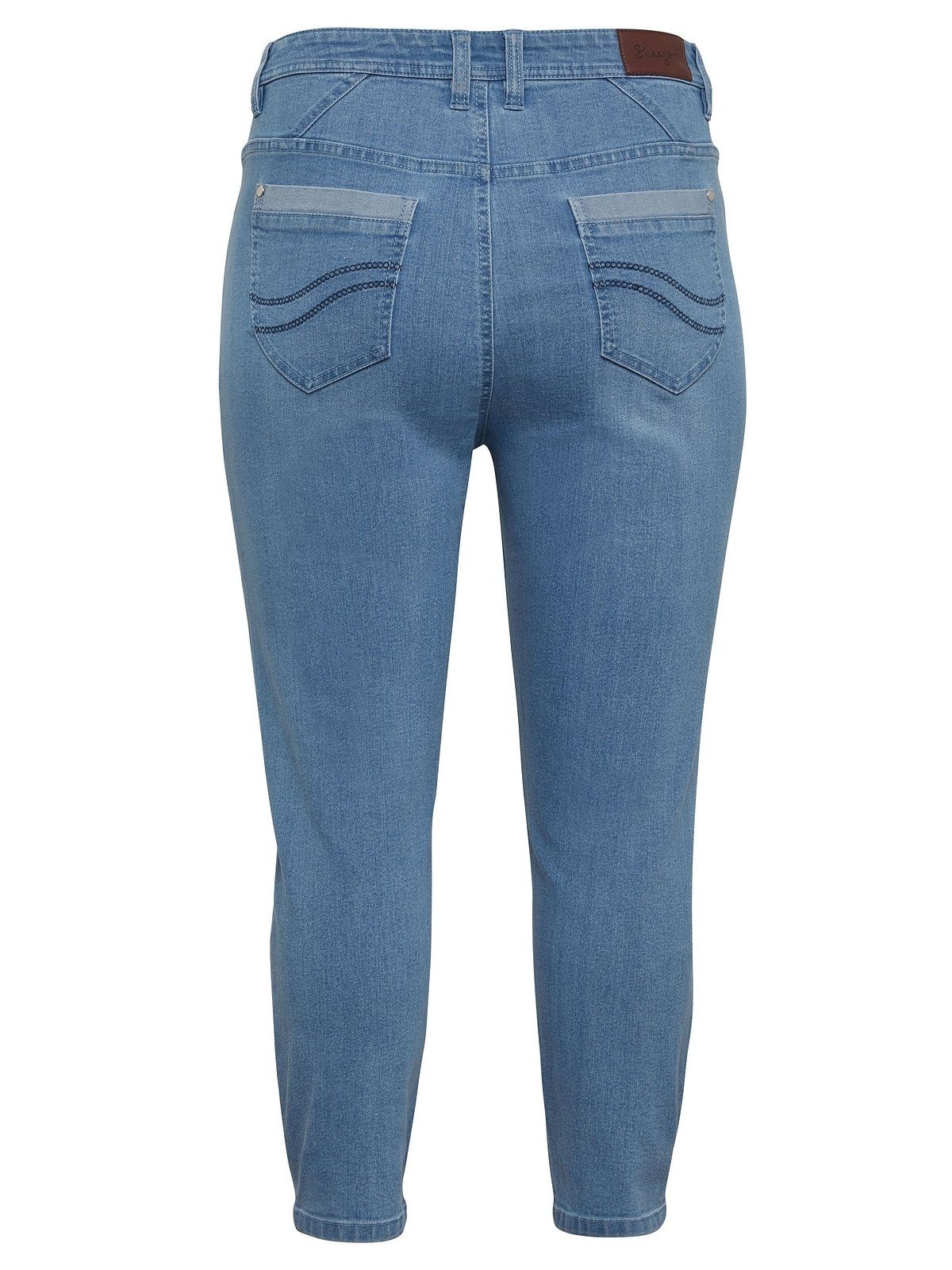 blue Stickerei in Stretch-Jeans light Größen Große Denim Sheego vorn mit used 7/8-Länge,