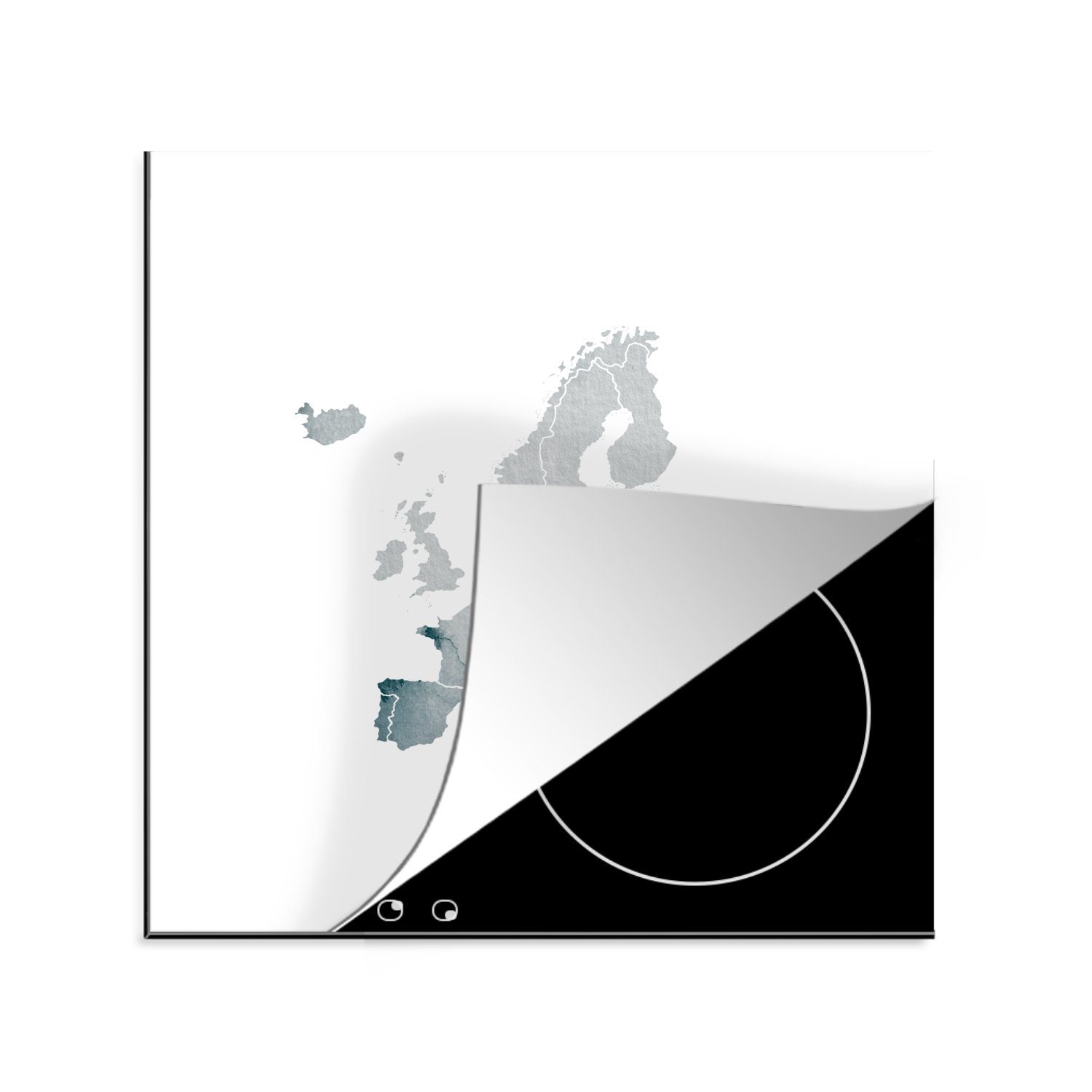MuchoWow Herdblende-/Abdeckplatte Karte - Europa - Aquarell - Grau, Vinyl, (1 tlg), 78x78 cm, Ceranfeldabdeckung, Arbeitsplatte für küche